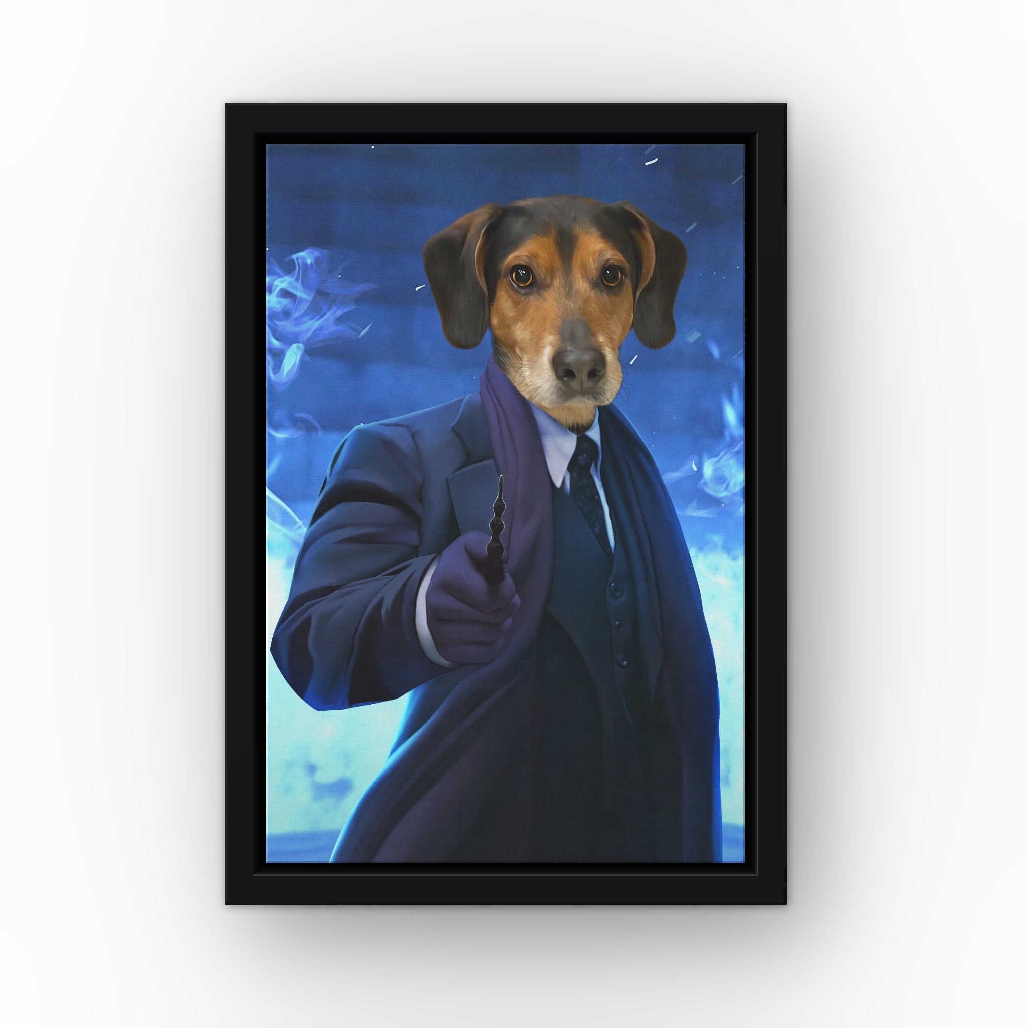 The Dark Wizard custom pet canvas in a black floating frame