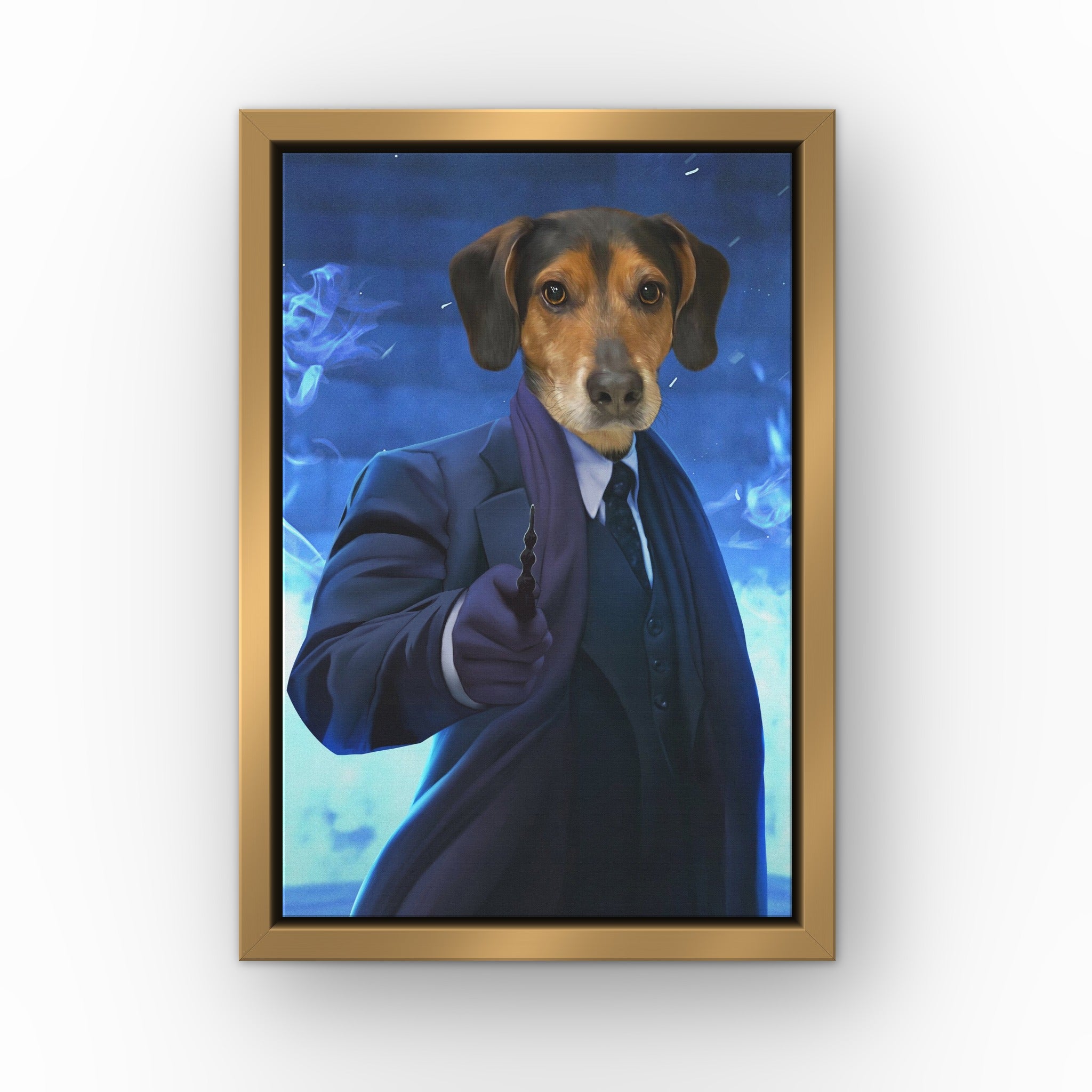The Dark Wizard custom pet canvas in a gold floating frame