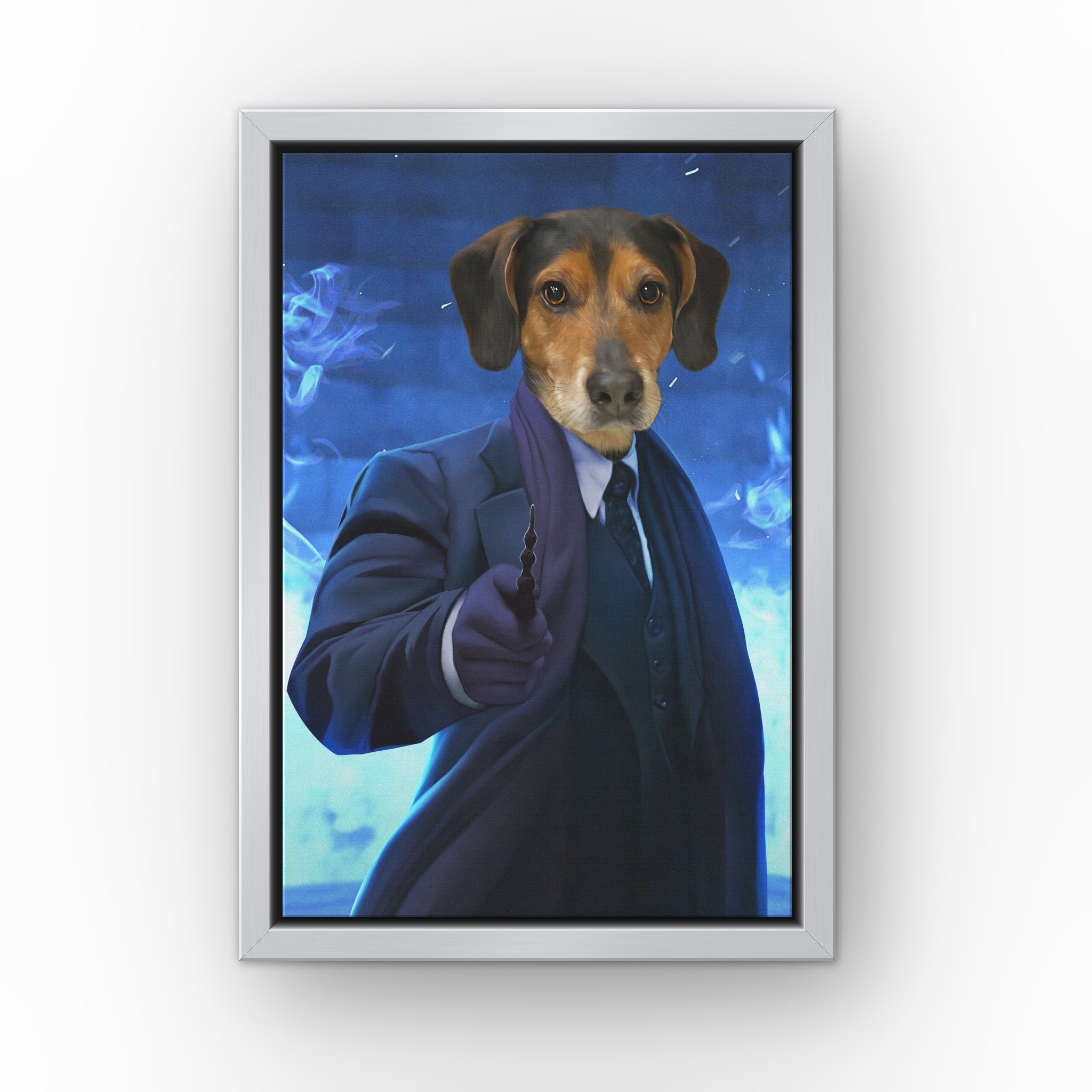 The Dark Wizard custom pet canvas in a silver floating frame