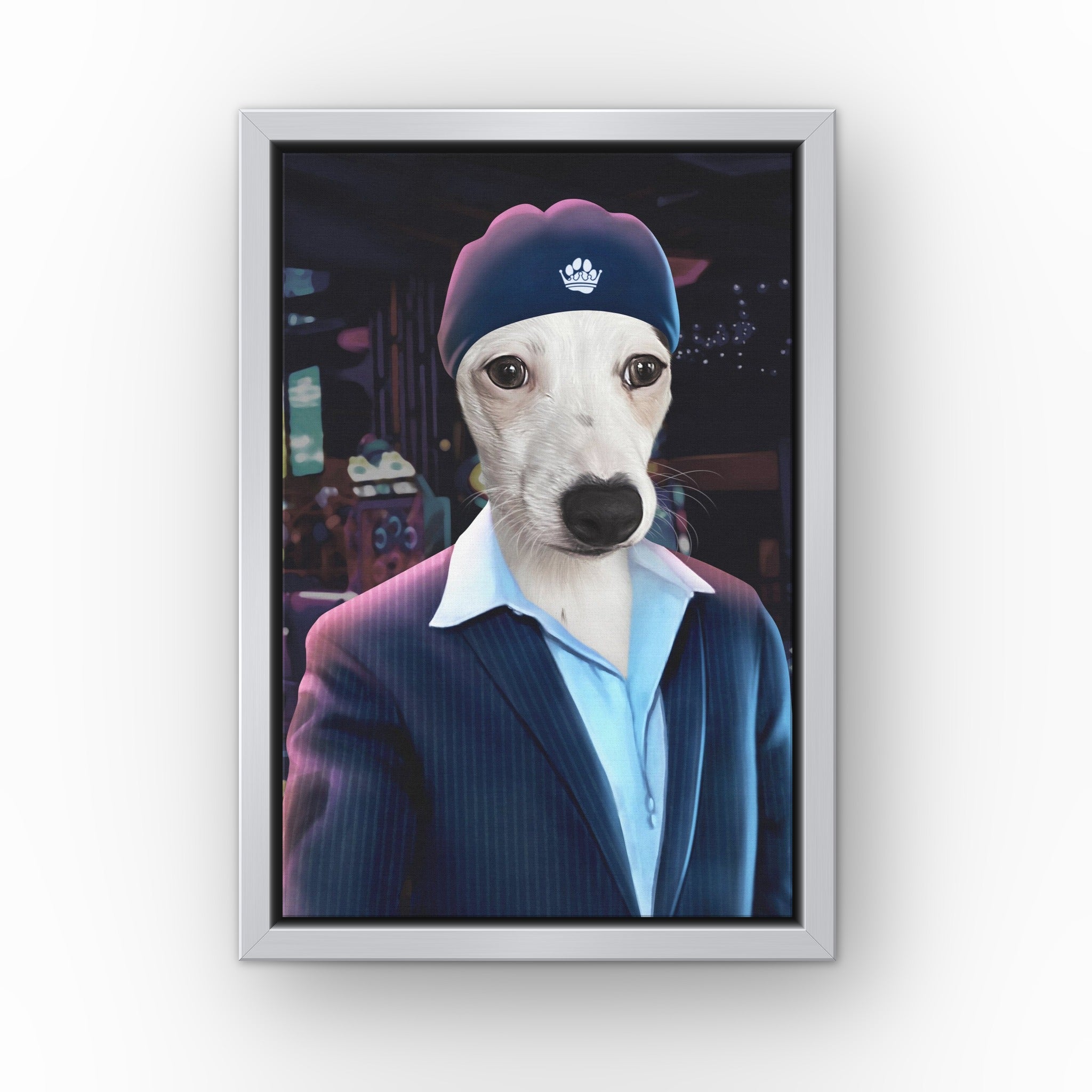 The Date Boss custom pet canvas in a silver floating frame