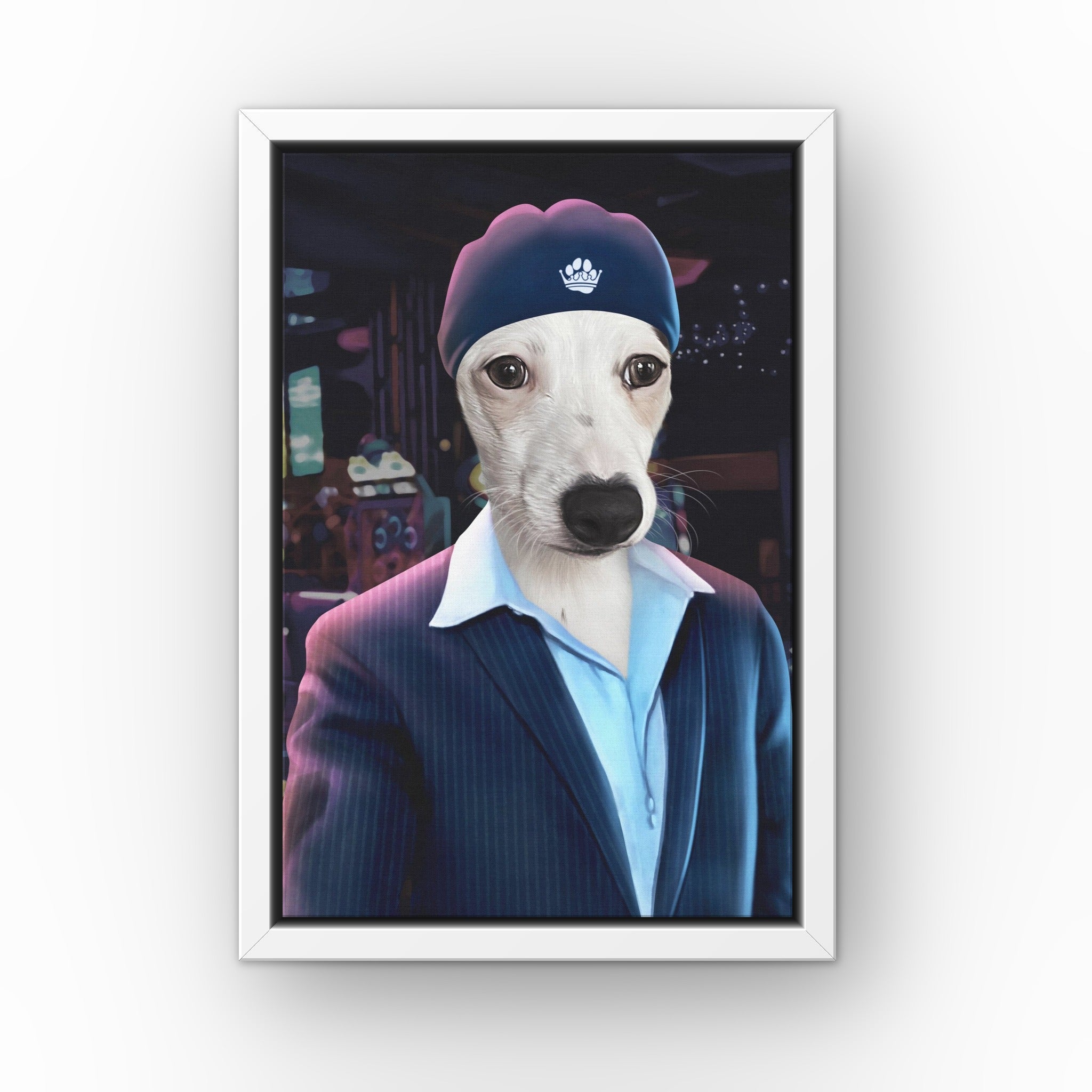The Date Boss custom pet canvas in a white floating frame