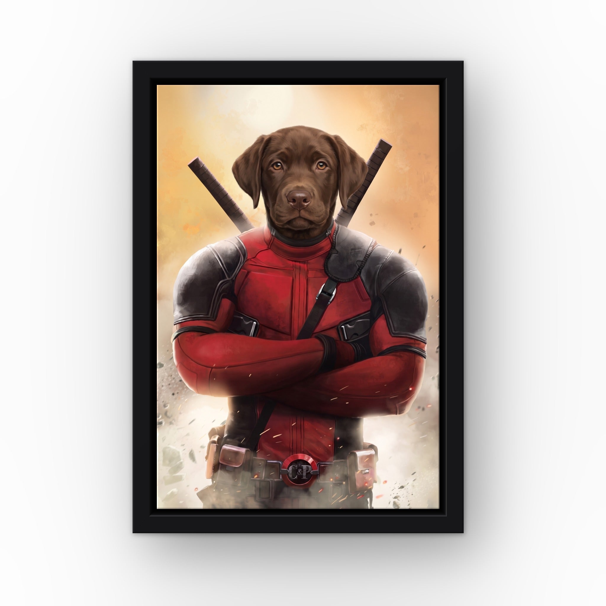 The Deadpawl custom pet canvas in a black floating frame