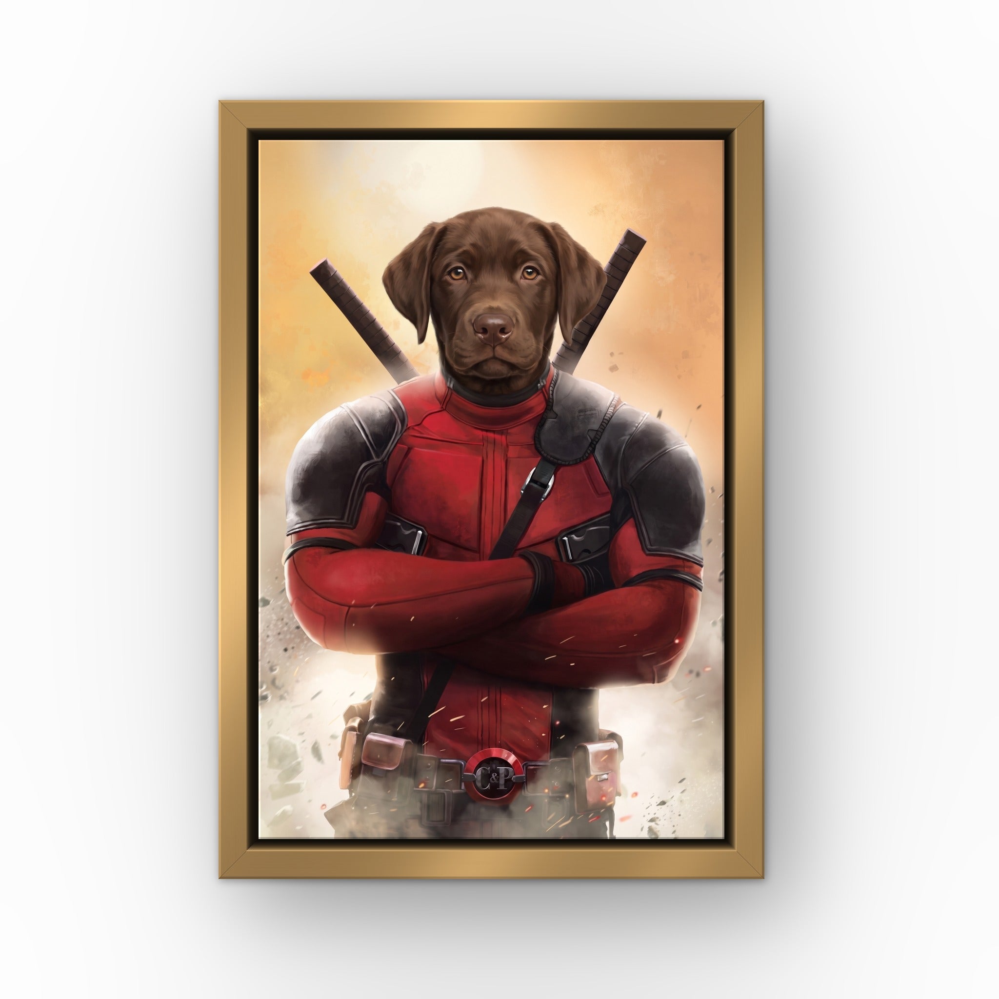 The Deadpawl custom pet canvas in a gold floating frame