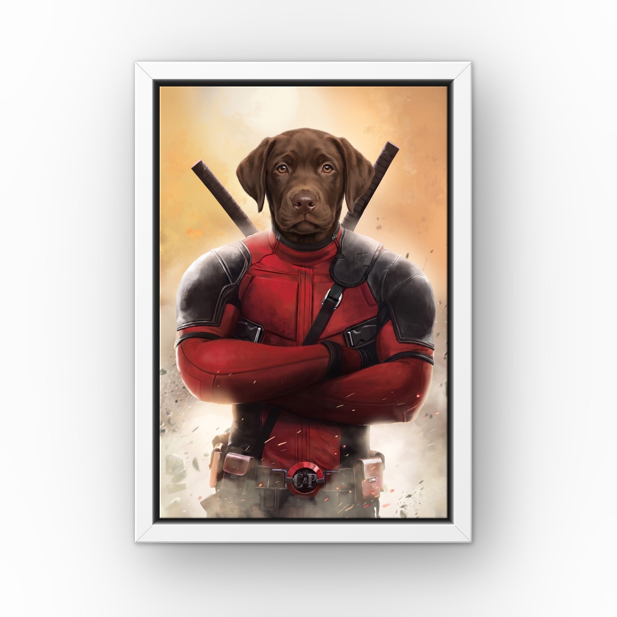 The Deadpawl custom pet canvas in a white floating frame