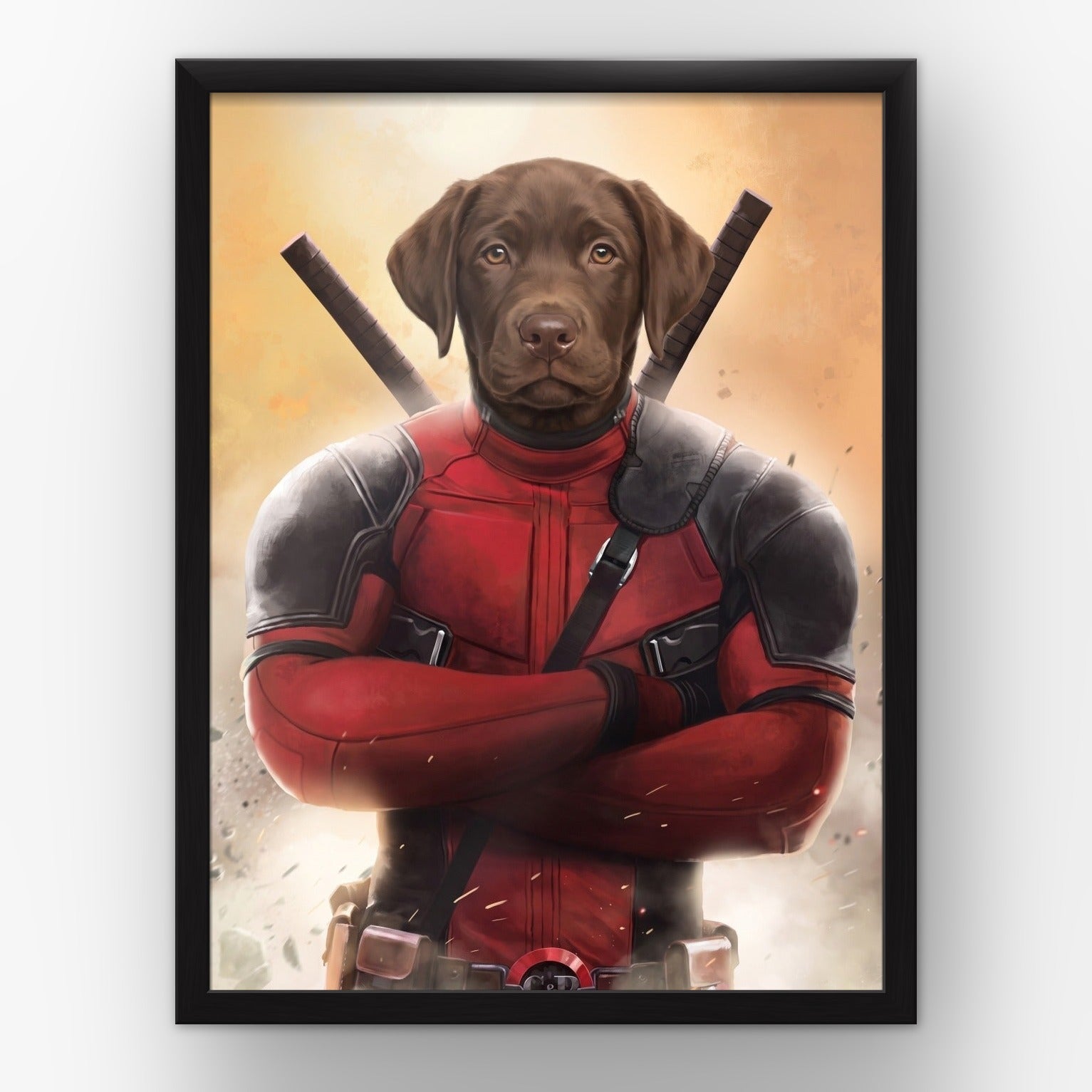 The Deadpawl custom pet poster in a black frame