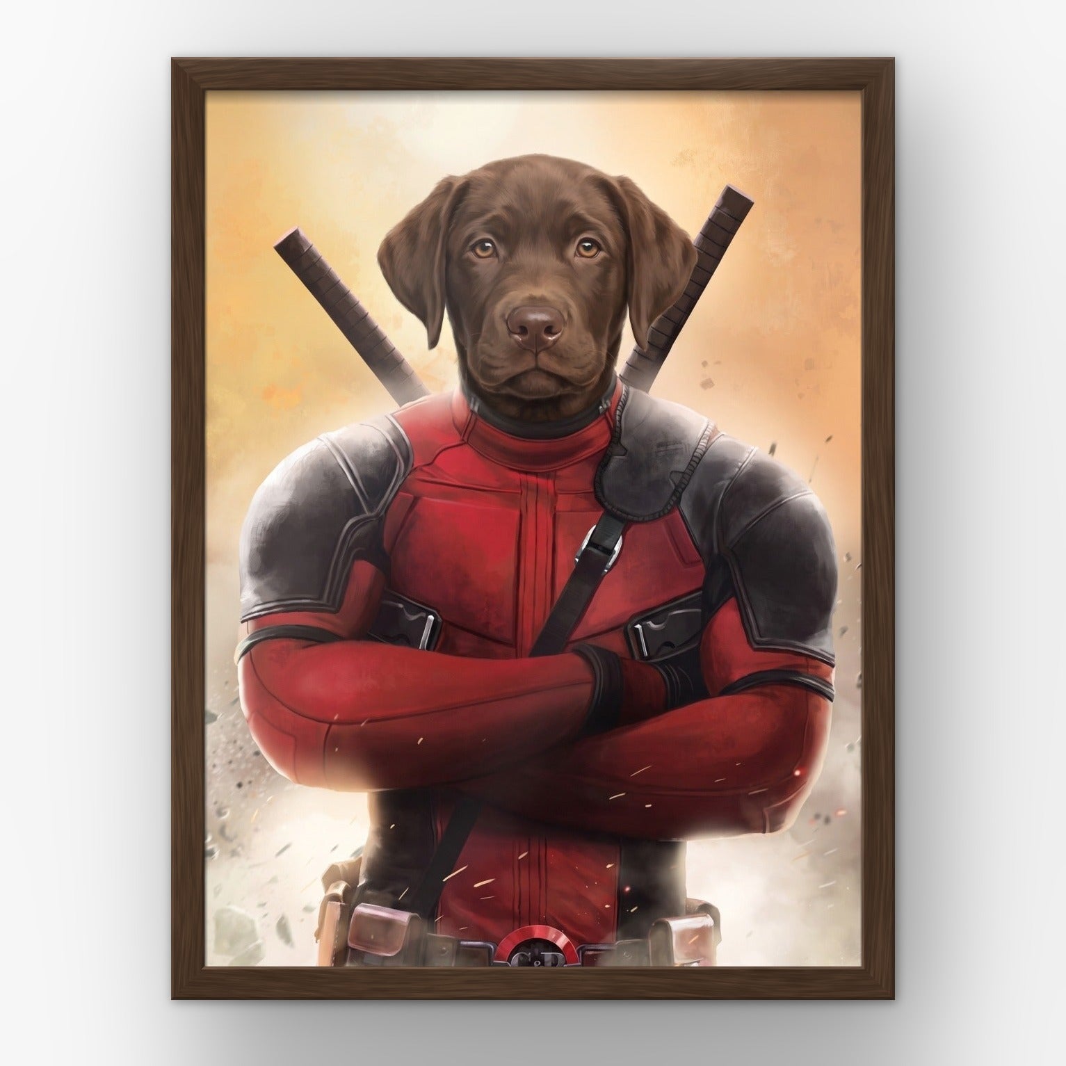 The Deadpawl custom pet poster in a walnut frame