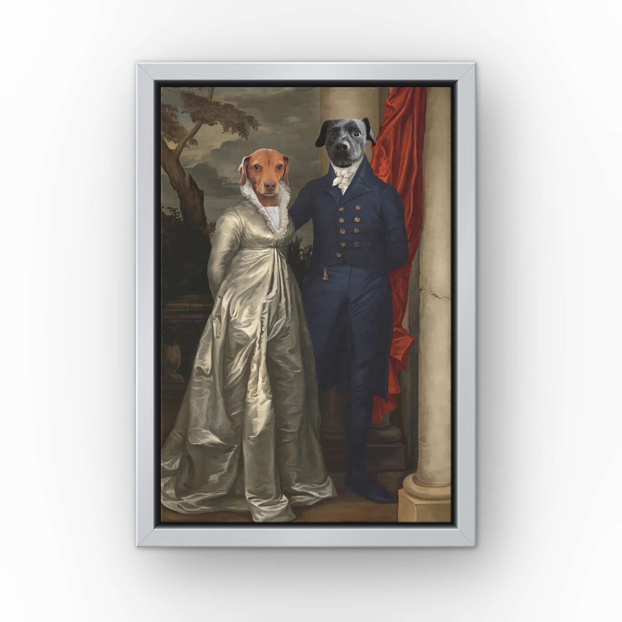 The Dinner Date custom pet canvas in a silver floating frame