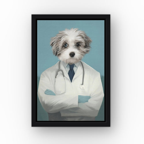 The Doctor custom pet canvas in a black floating frame