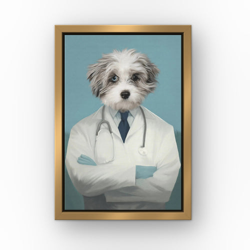 The Doctor custom pet canvas in a gold floating frame