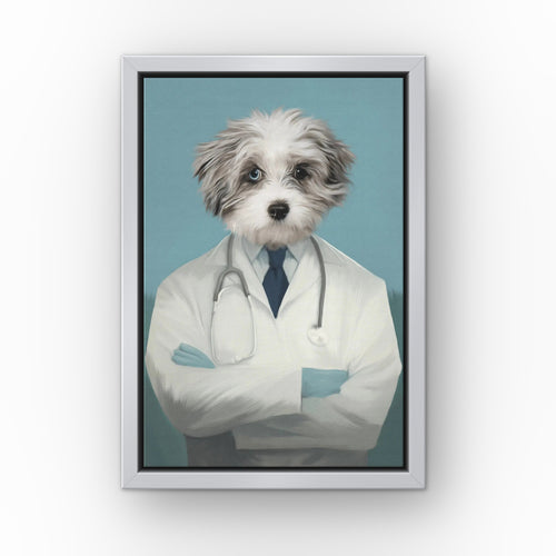 The Doctor custom pet canvas in a silver floating frame