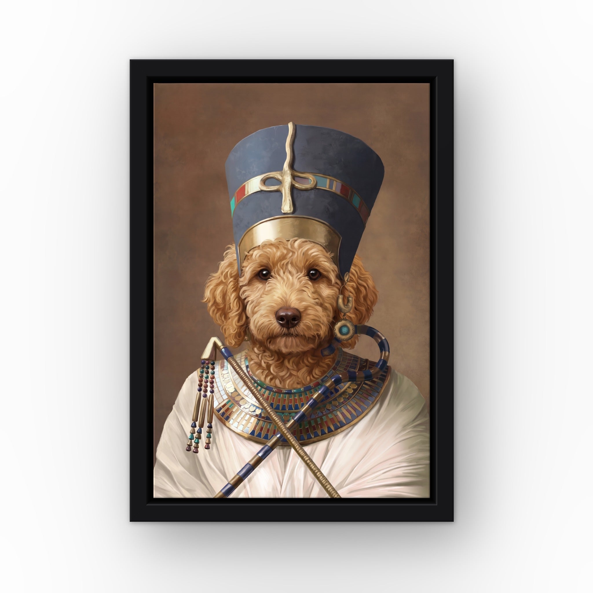 The Egyptian Queen custom pet canvas in a black floating frame