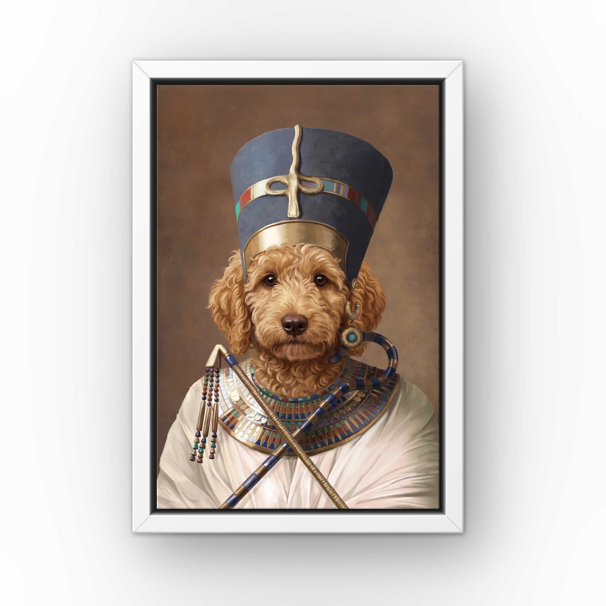 The Egyptian Queen custom pet canvas in a white floating frame