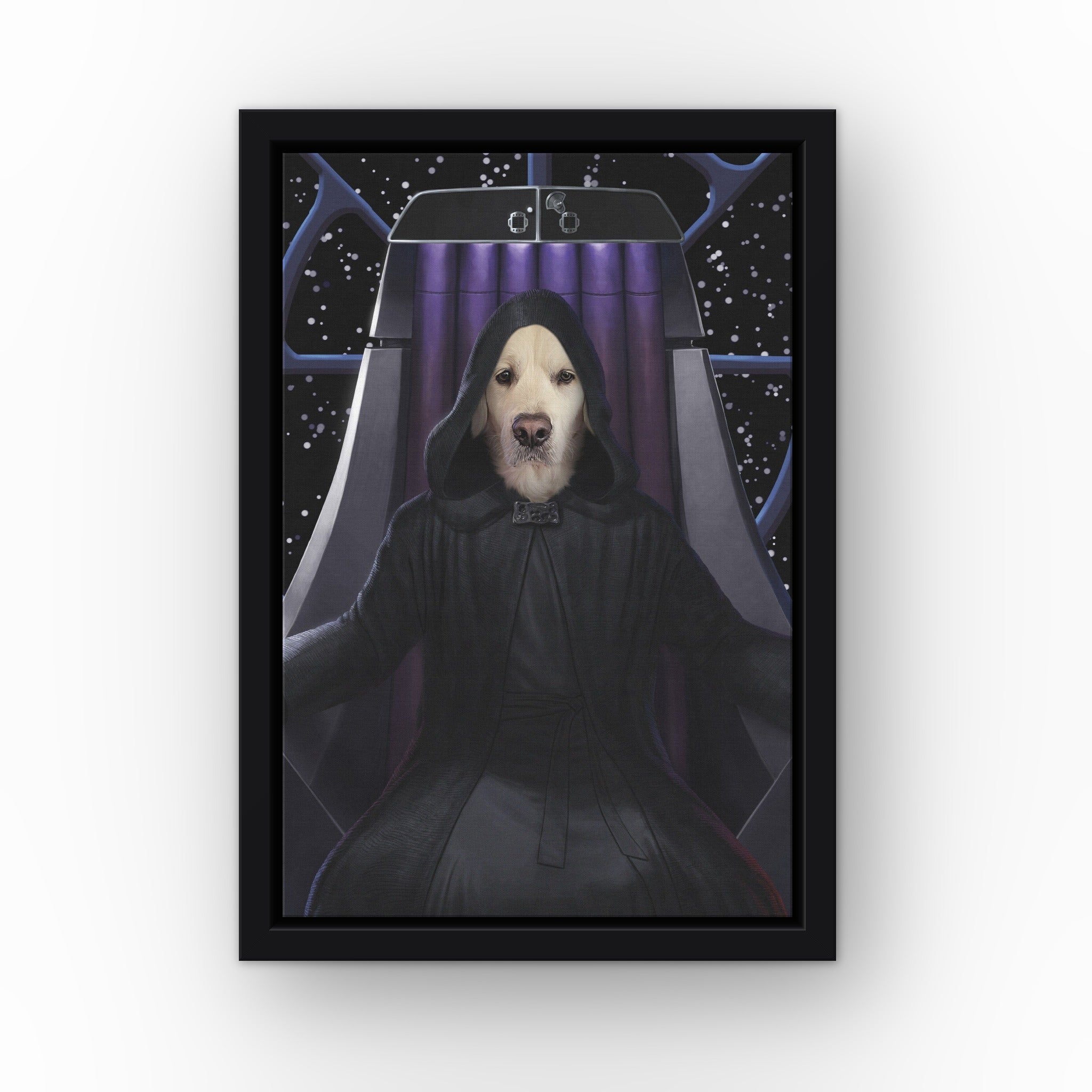 The Empawror custom pet canvas in a black floating frame