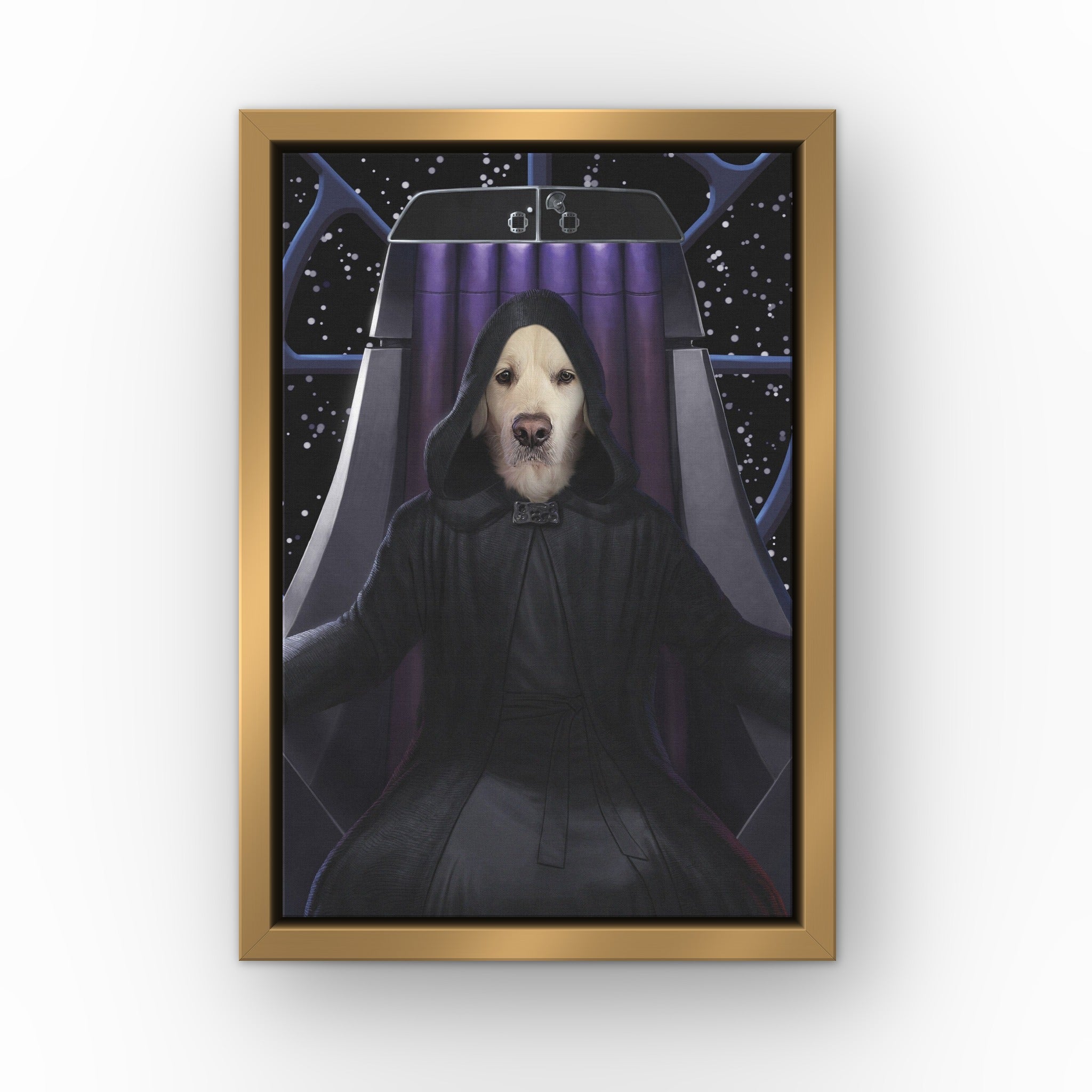 The Empawror custom pet canvas in a gold floating frame