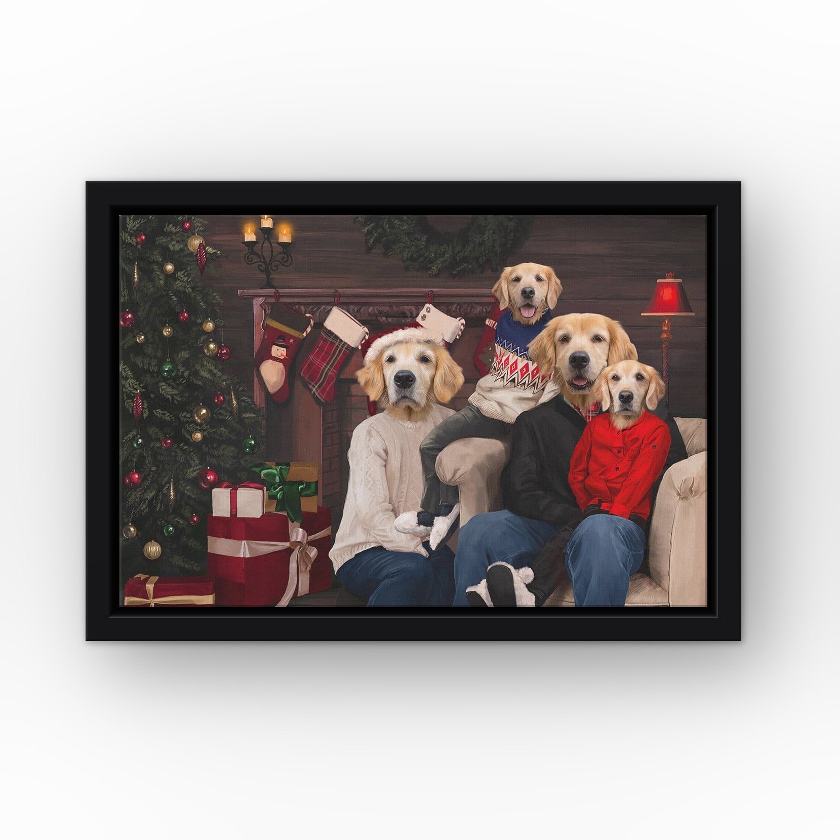 The Family Christmas (Four Pets) custom pet canvas in a black floating frame