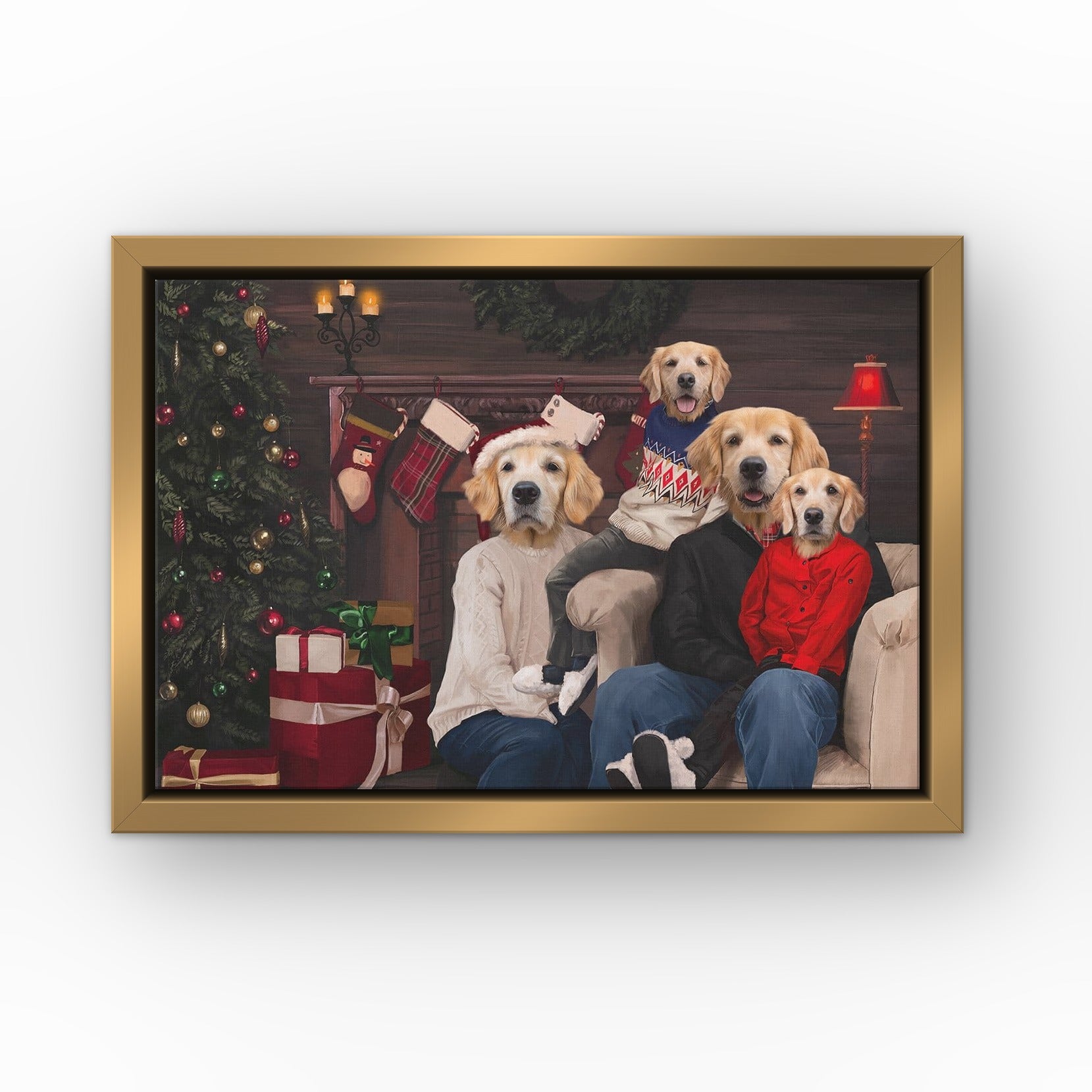 The Family Christmas (Four Pets) custom pet canvas in a gold floating frame