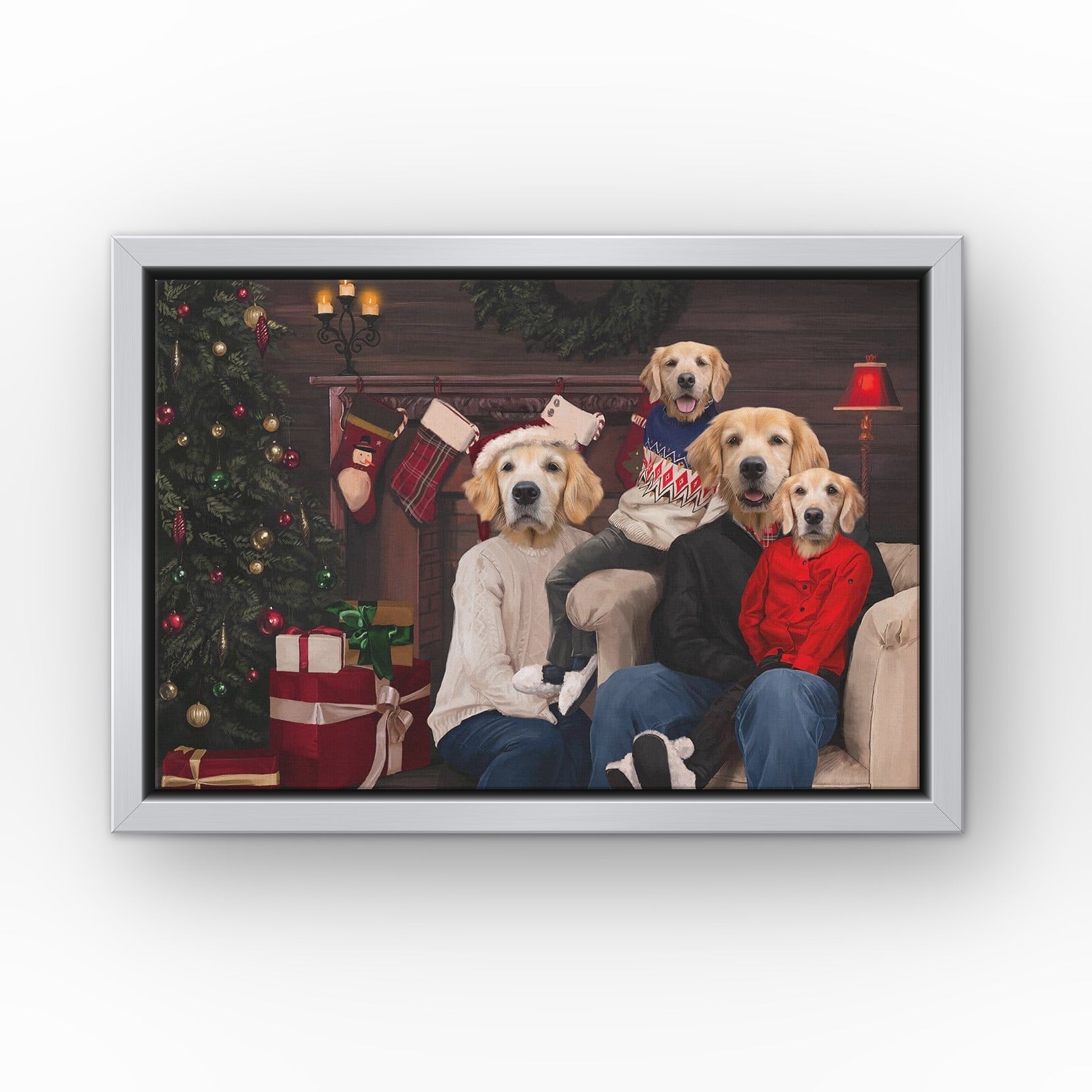 The Family Christmas (Four Pets) custom pet canvas in a silver floating frame