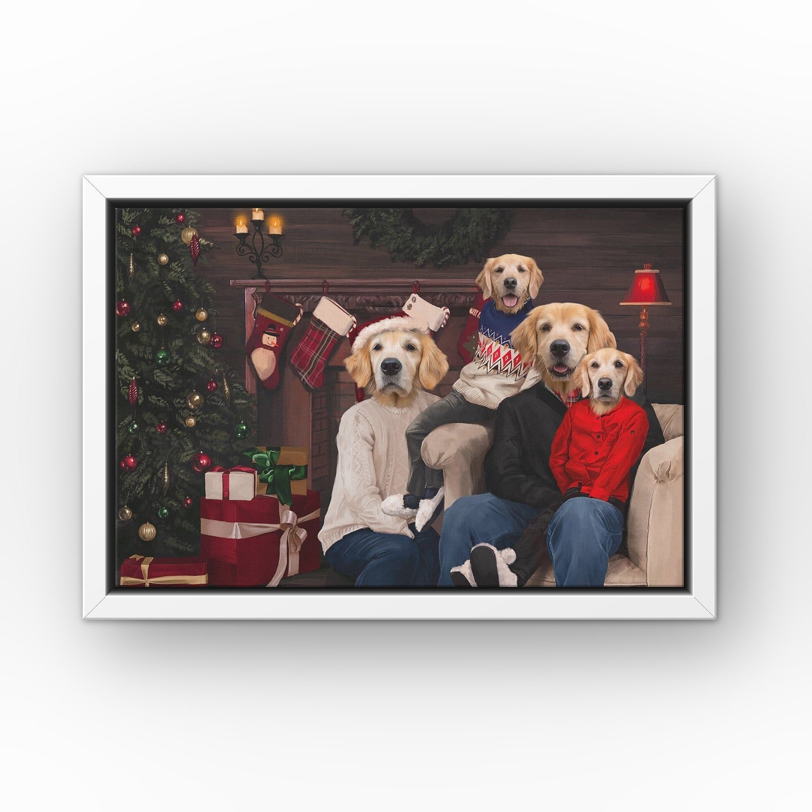 The Family Christmas (Four Pets) custom pet canvas in a white floating frame