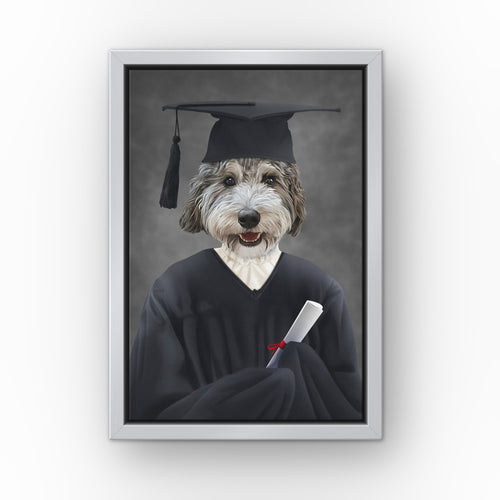 The Female Graduate custom pet canvas in a silver floating frame