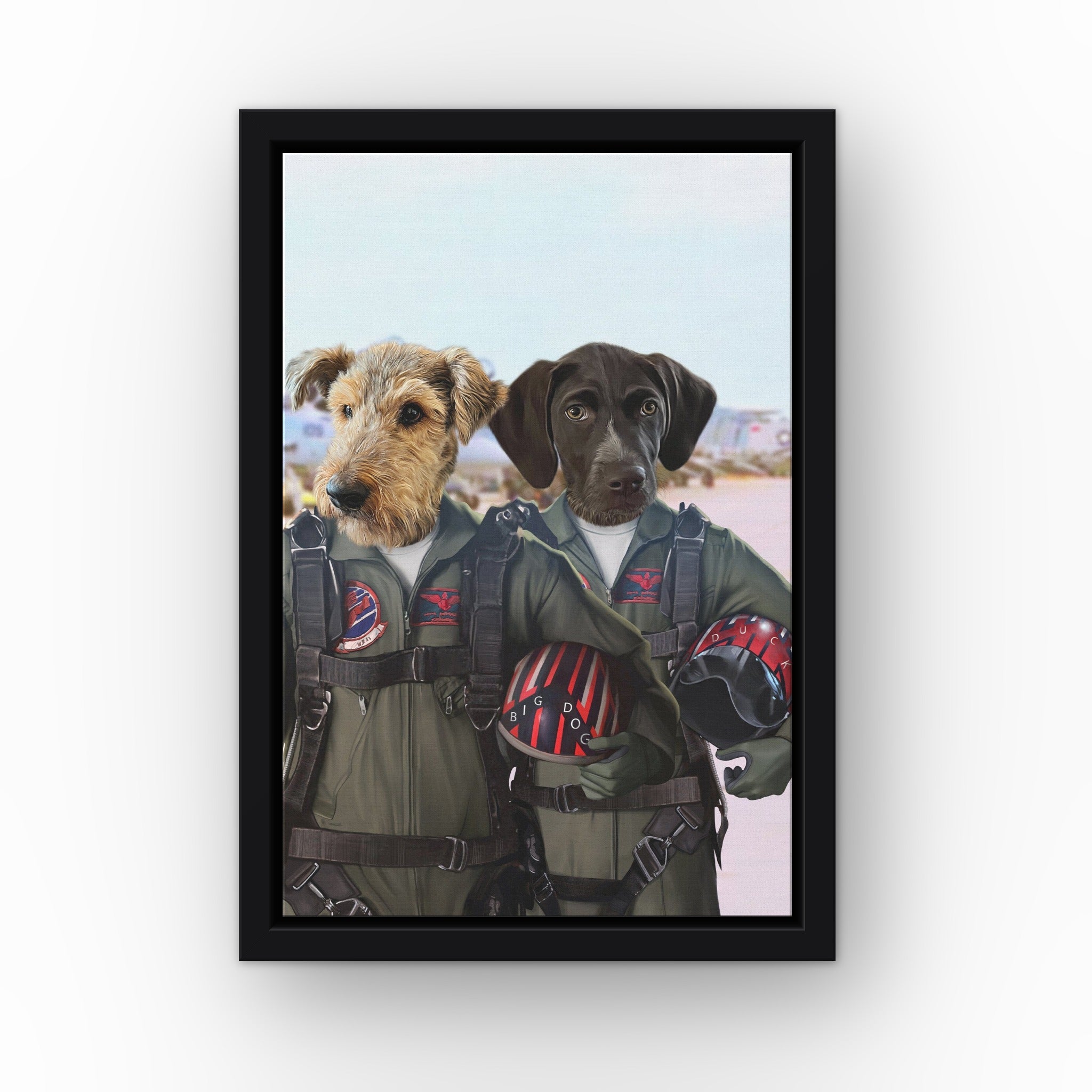 The Fighter Pilots custom pet canvas in a black floating frame