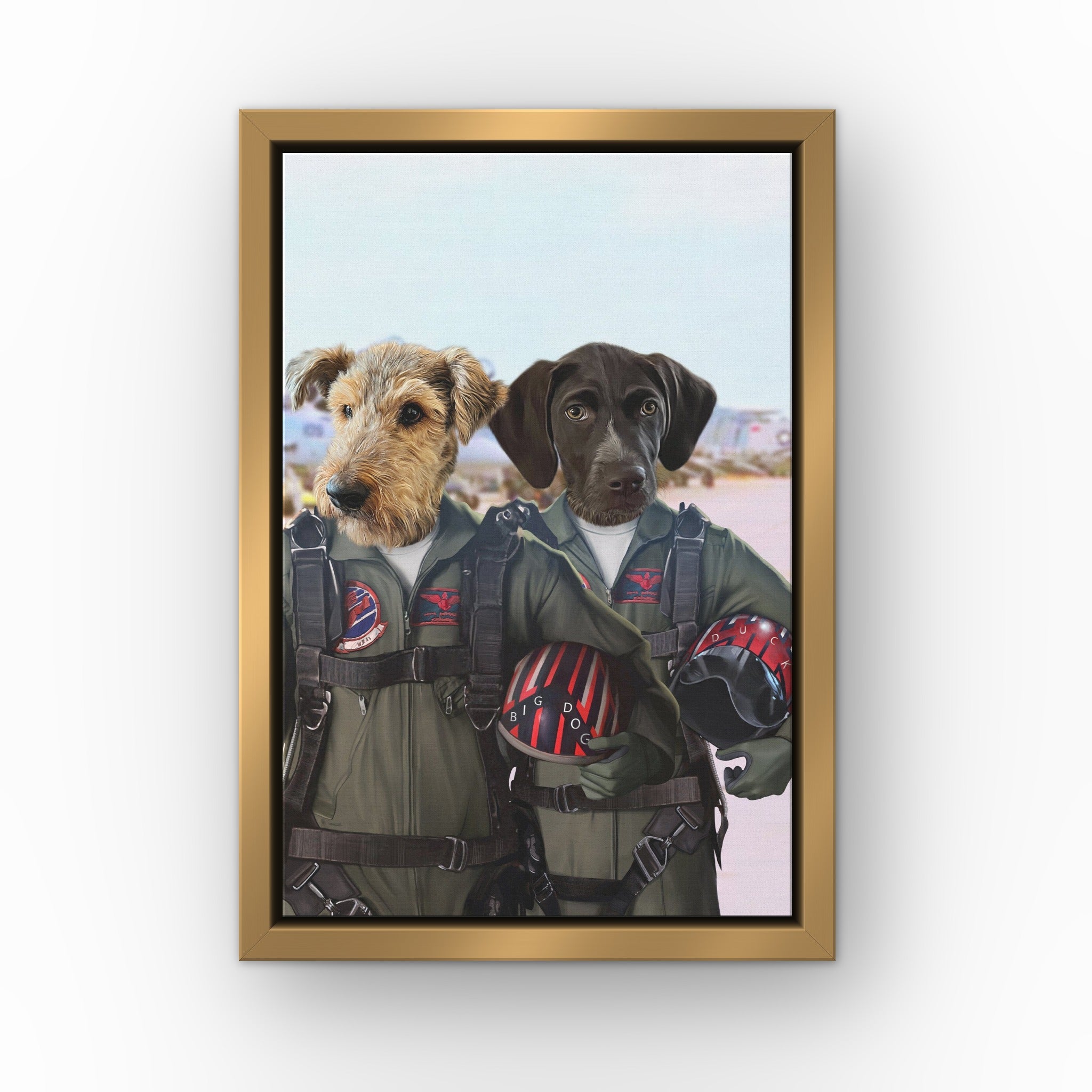 The Fighter Pilots custom pet canvas in a gold floating frame