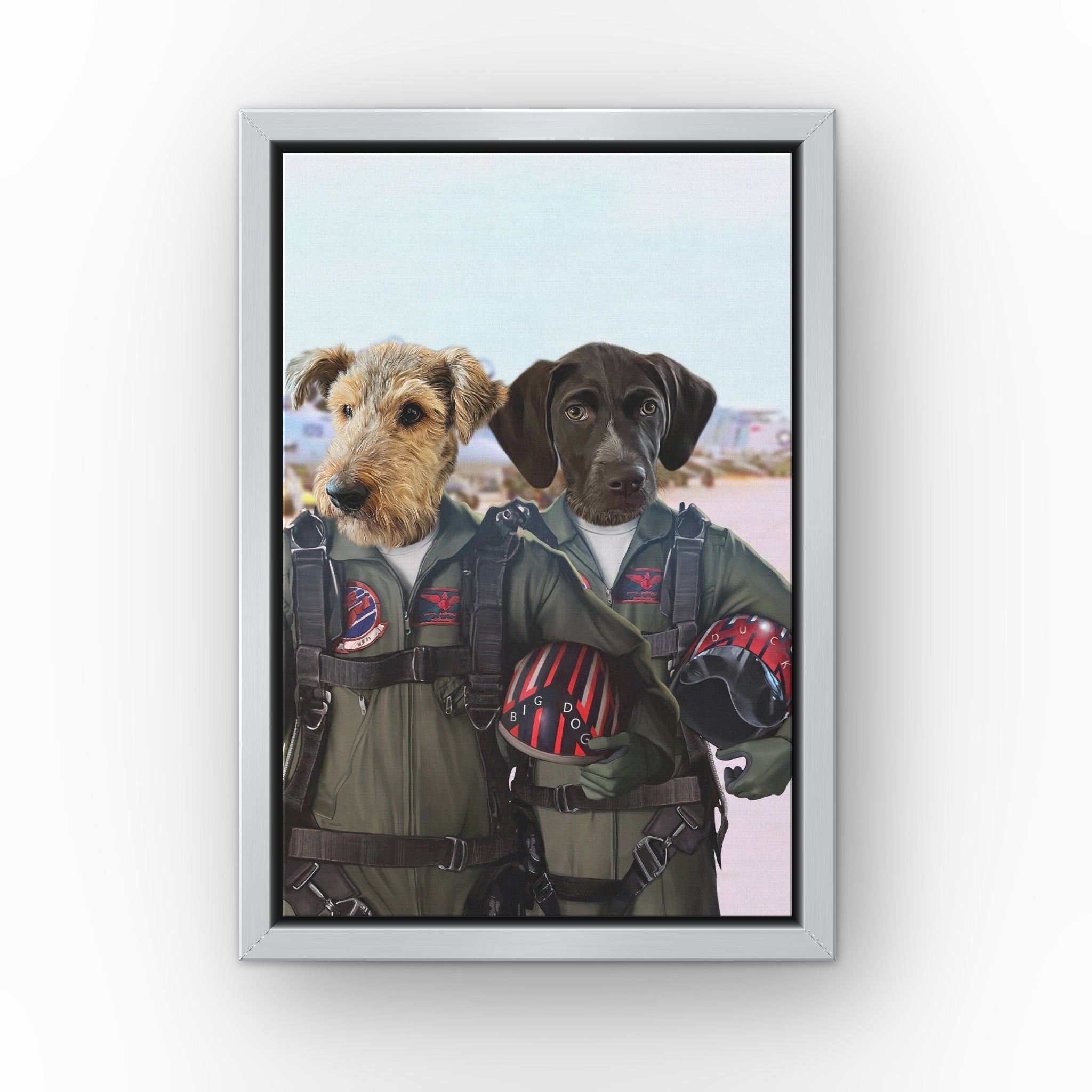 The Fighter Pilots custom pet canvas in a silver floating frame
