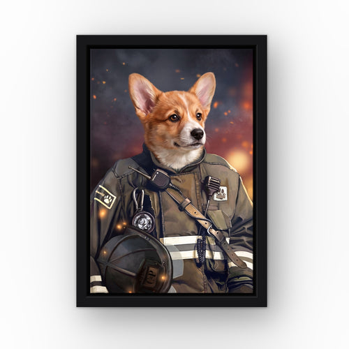 The Firefighter custom pet canvas in a black floating frame