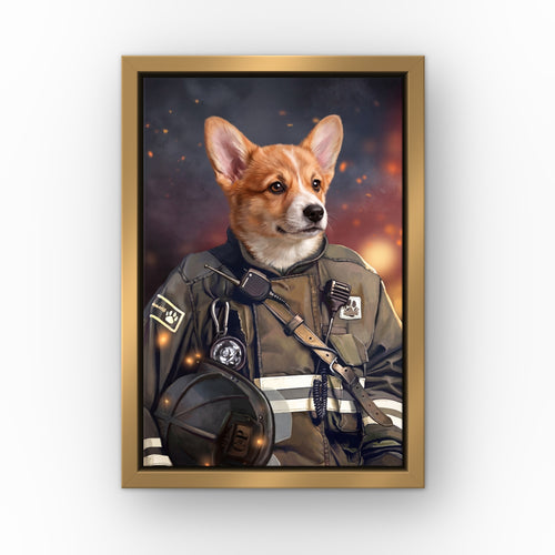The Firefighter custom pet canvas in a gold floating frame