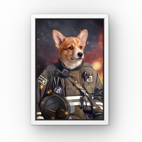 The Firefighter custom pet canvas in a white floating frame