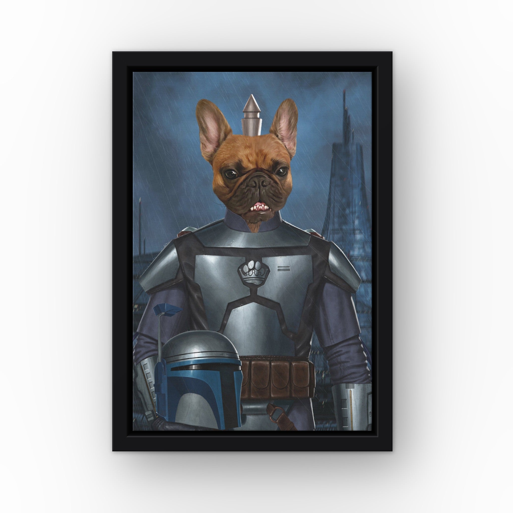 The First Clone custom pet canvas in a black floating frame