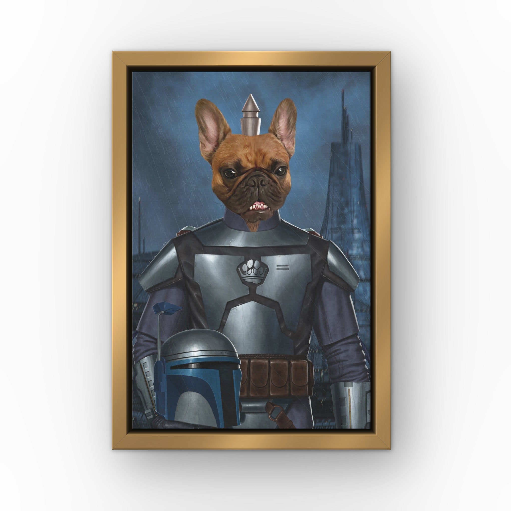 The First Clone custom pet canvas in a gold floating frame