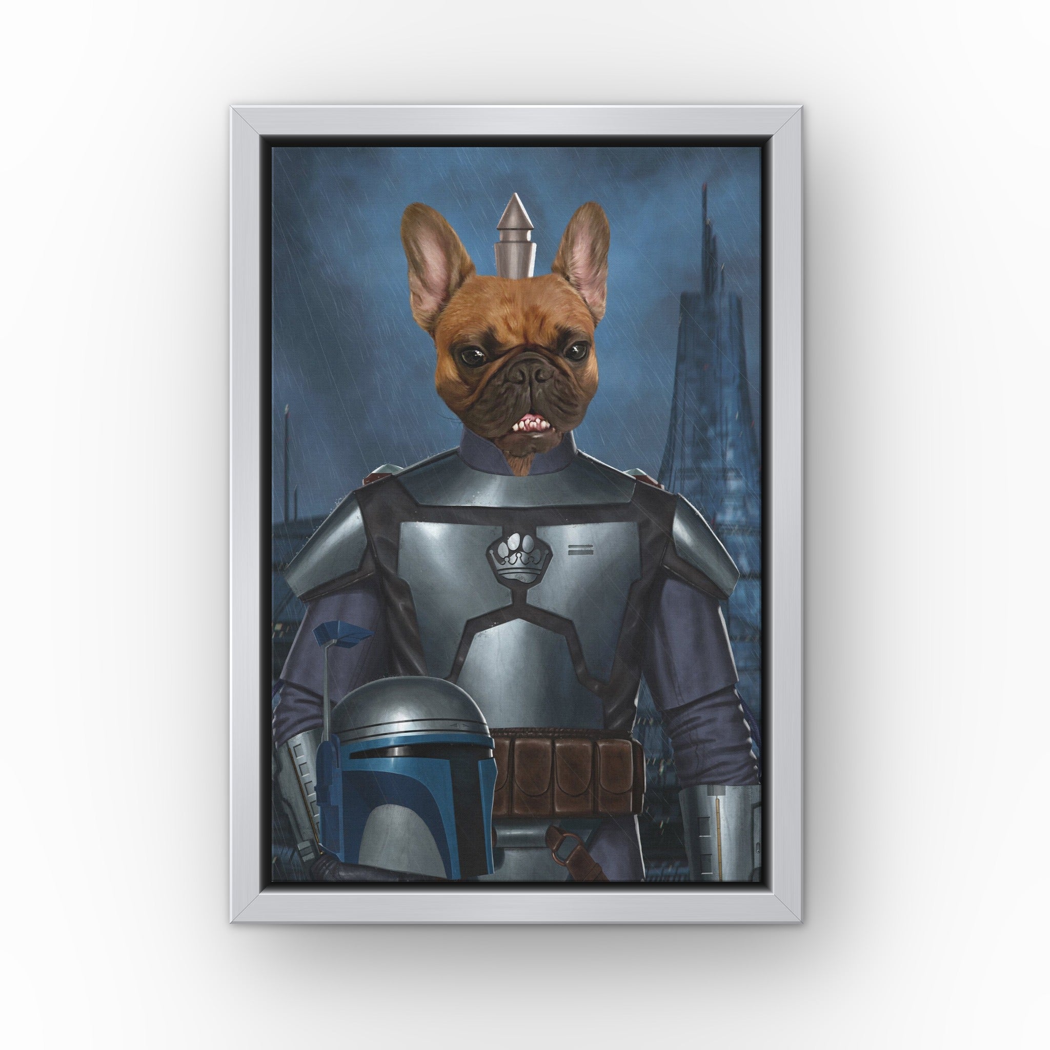 The First Clone custom pet canvas in a silver floating frame