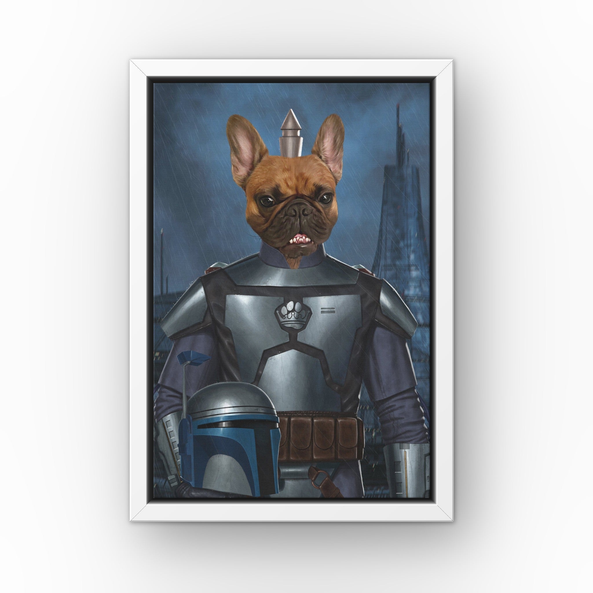 The First Clone custom pet canvas in a white floating frame