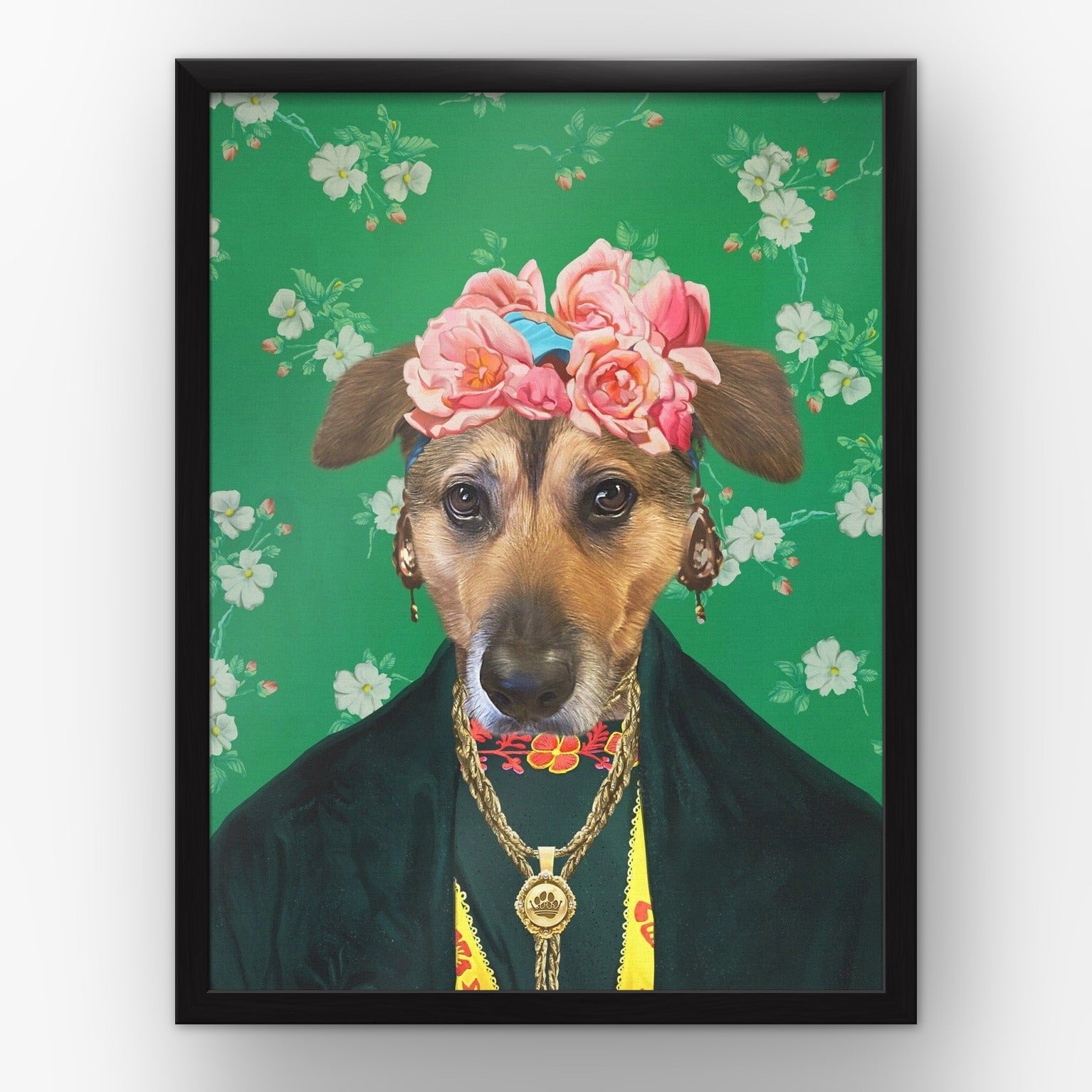 The Frida Kahlo custom pet poster in a black frame