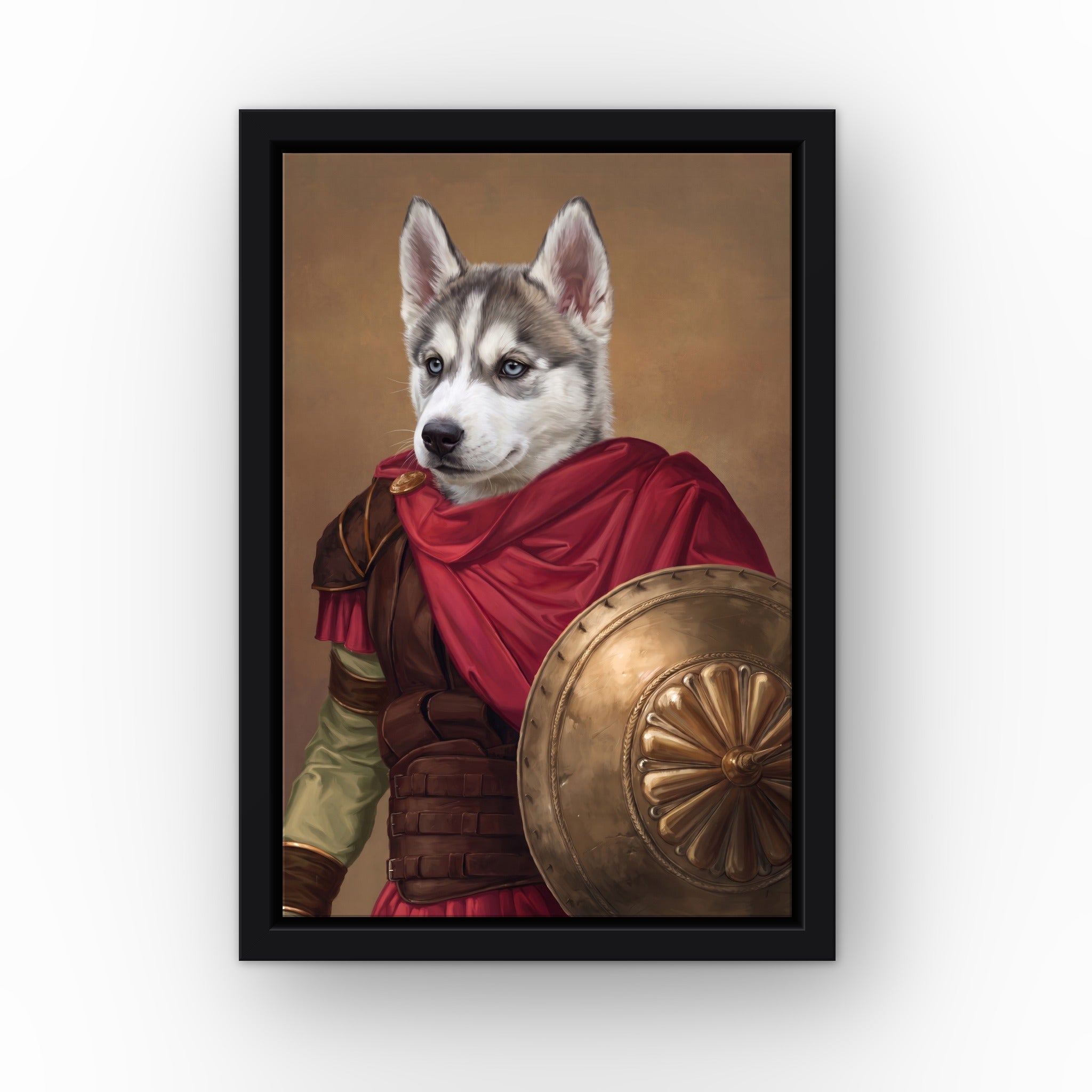 The Gladiator custom pet canvas in a black floating frame
