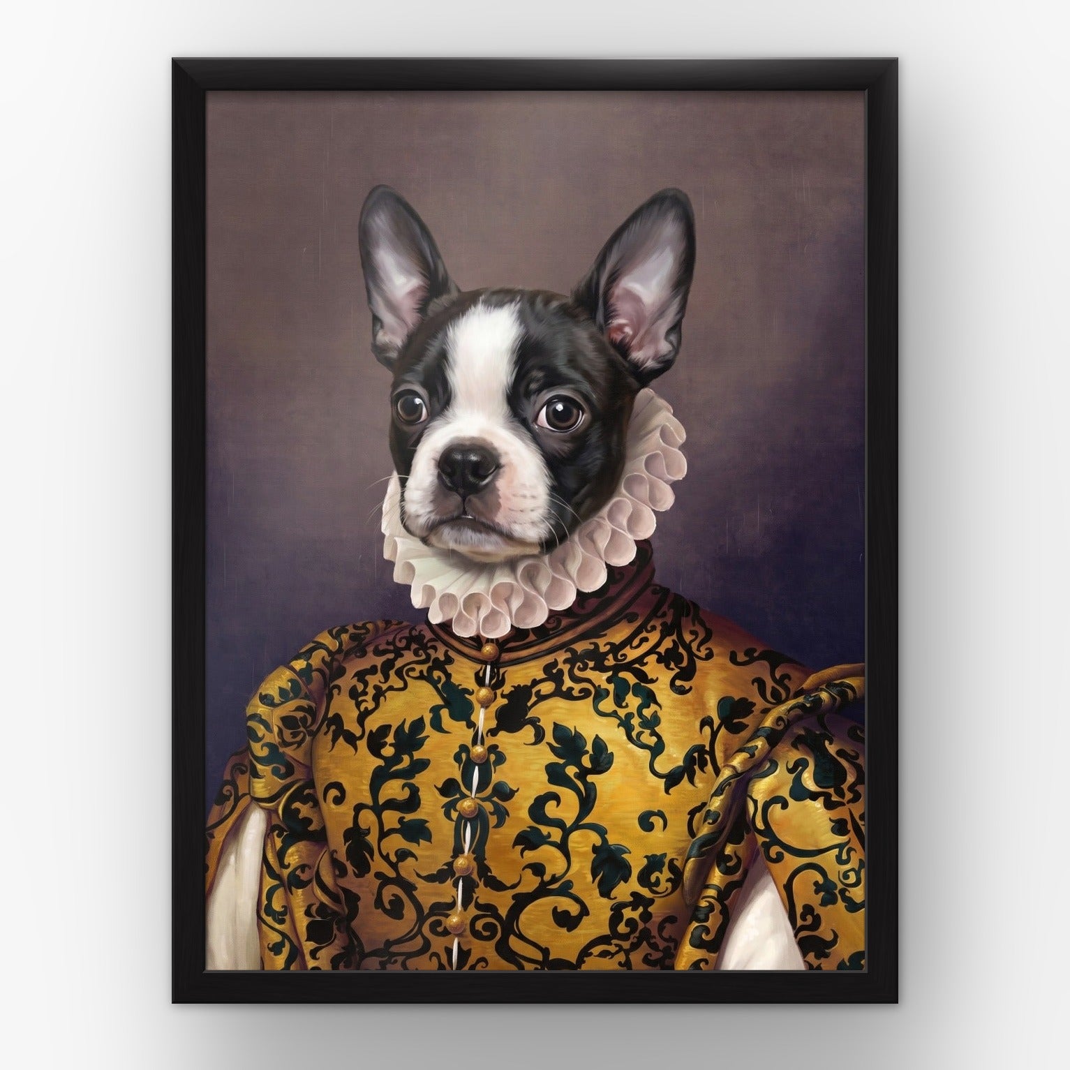 The Golden Queen custom pet poster in a black frame