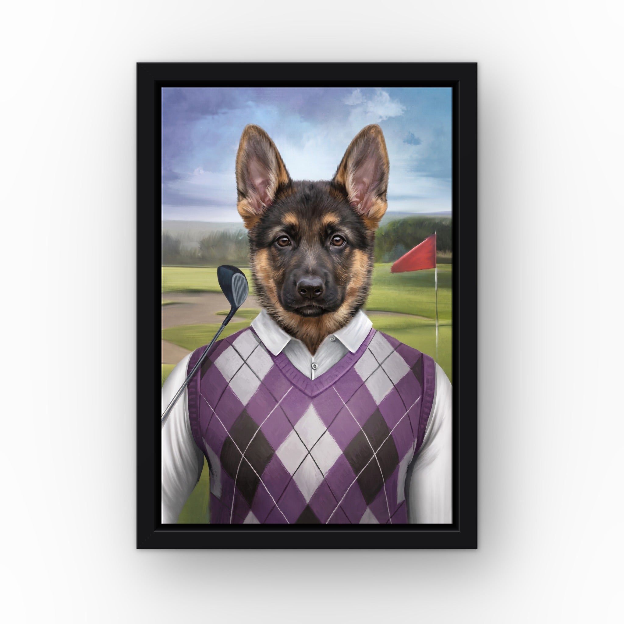 The Golfer custom pet canvas in a black floating frame