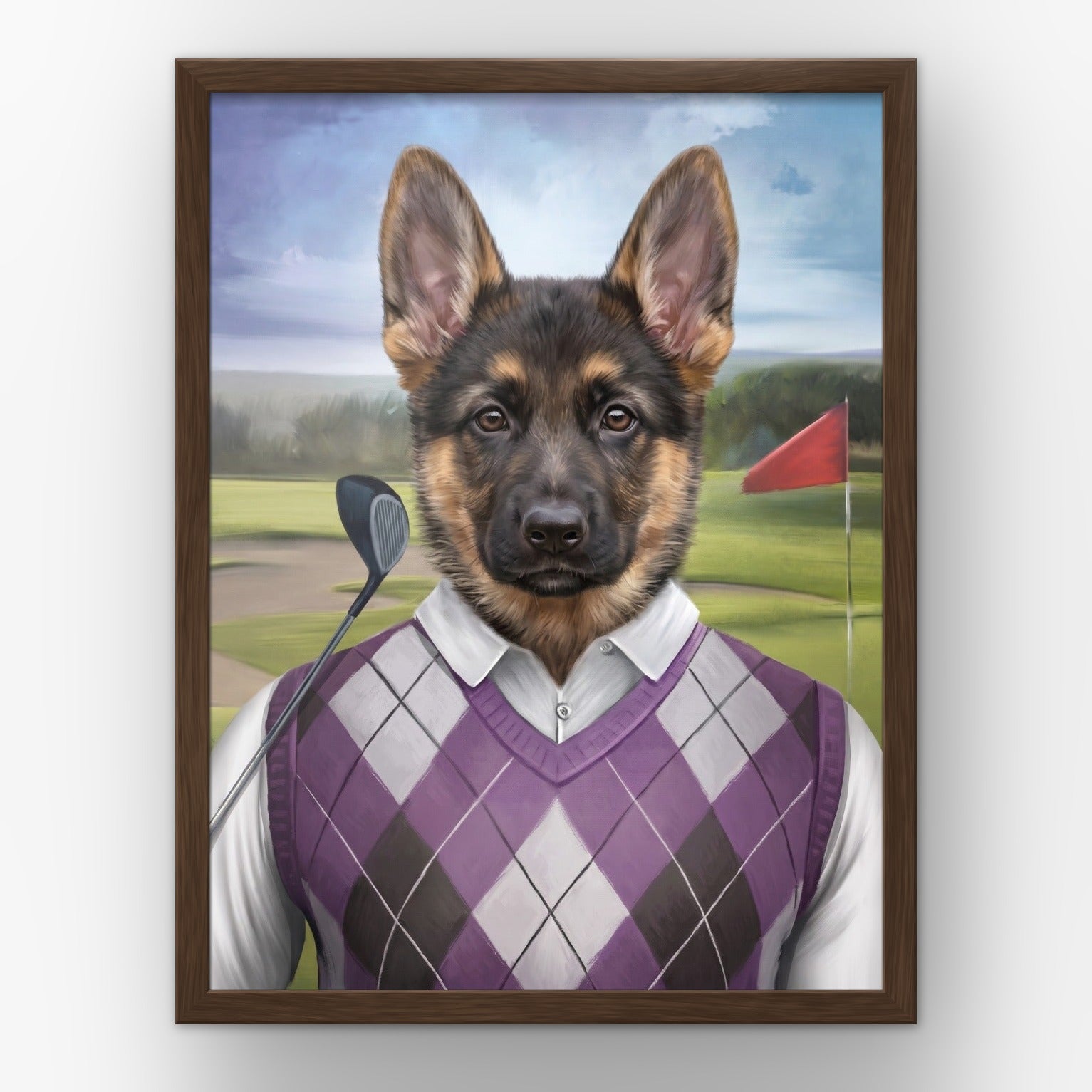 The Golfer custom pet poster in a walnut frame