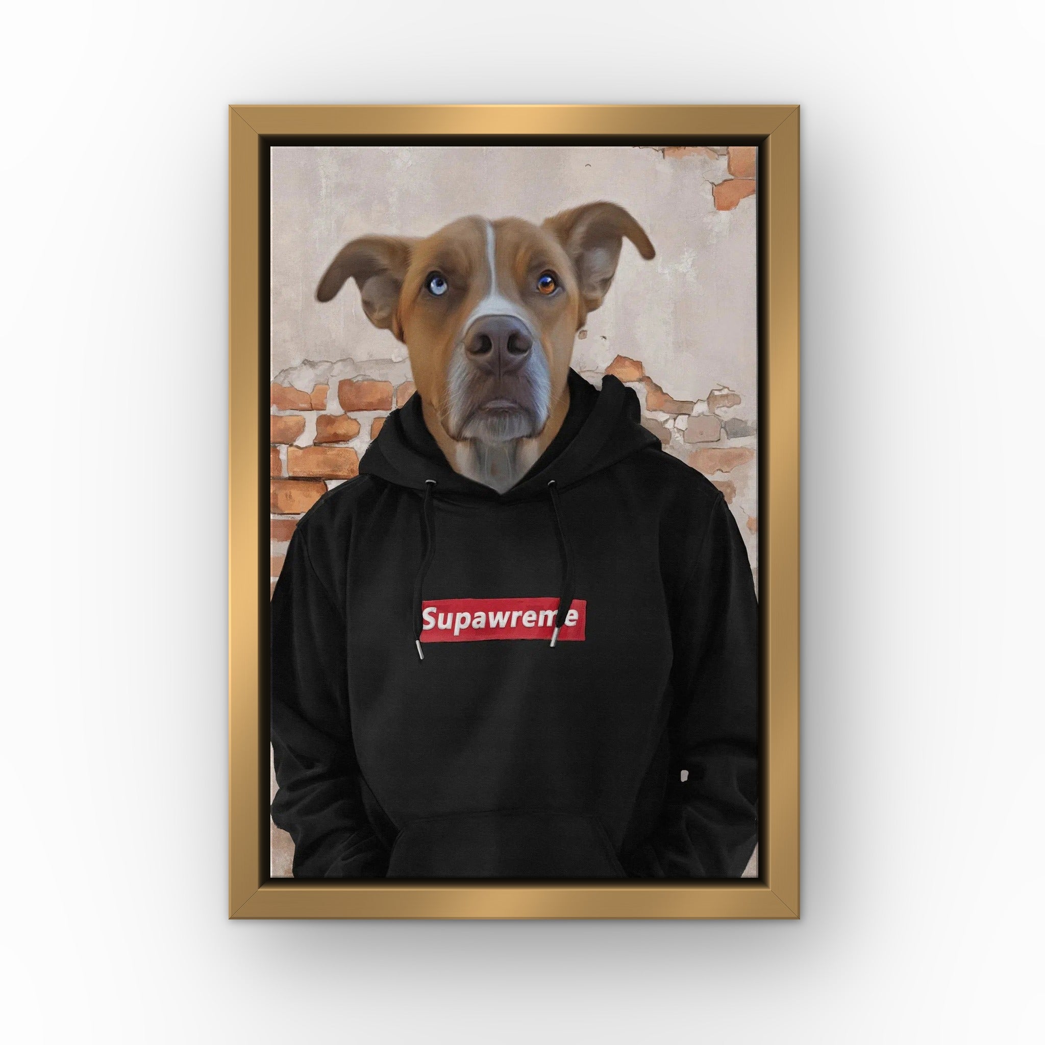 The Hypebeast (black) custom pet canvas in a gold floating frame