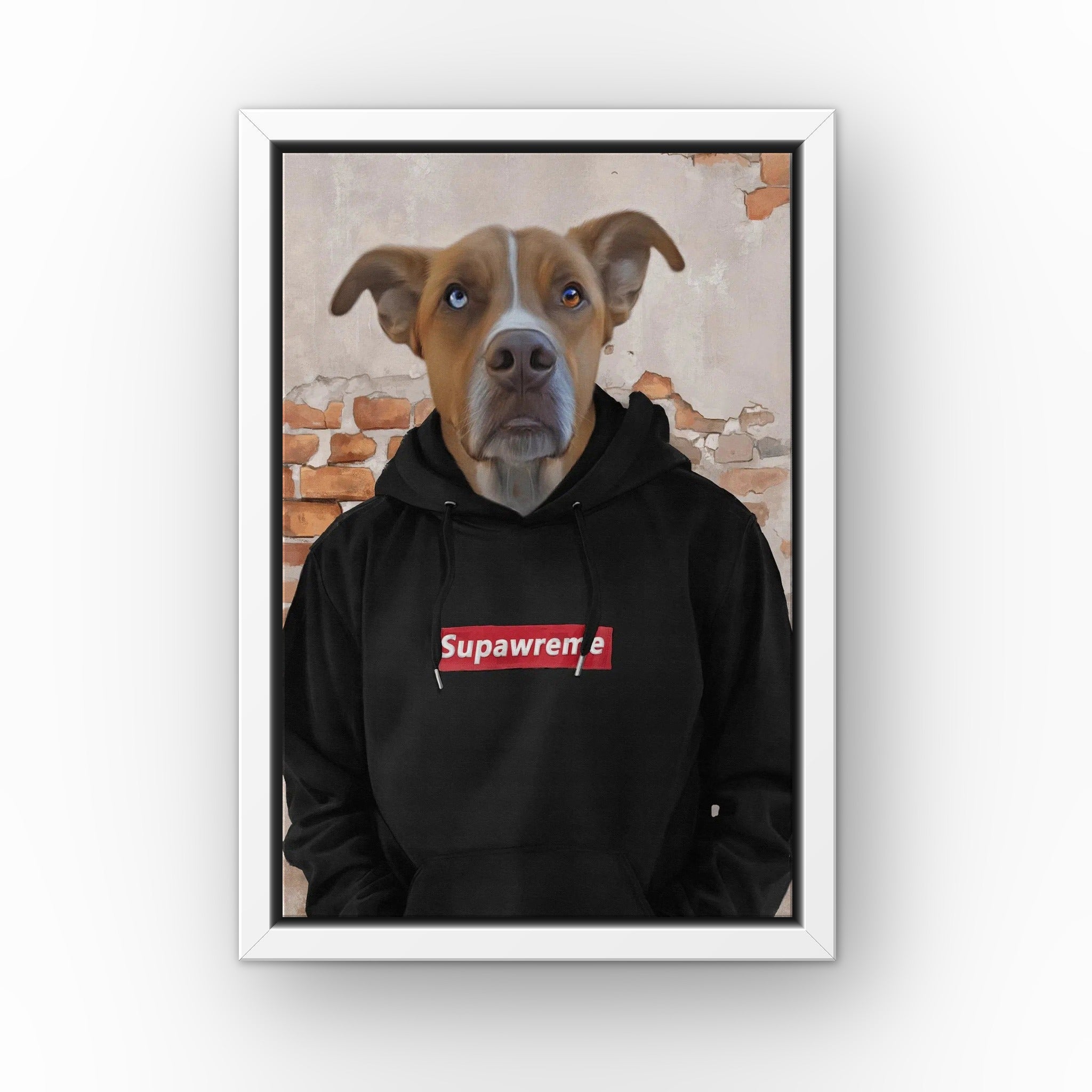 The Hypebeast (black) custom pet canvas in a white floating frame
