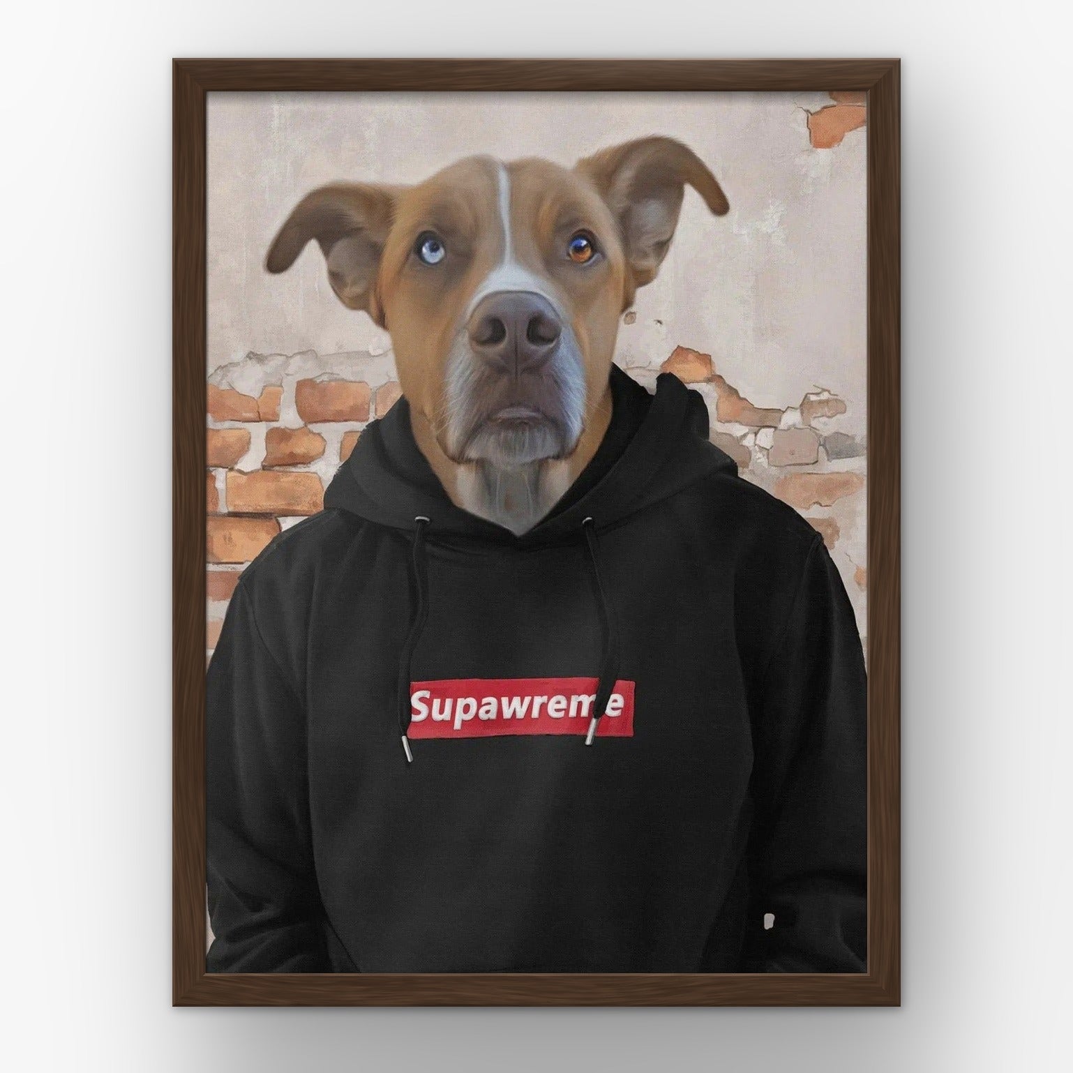The Hypebeast (black) custom pet poster in a walnut frame