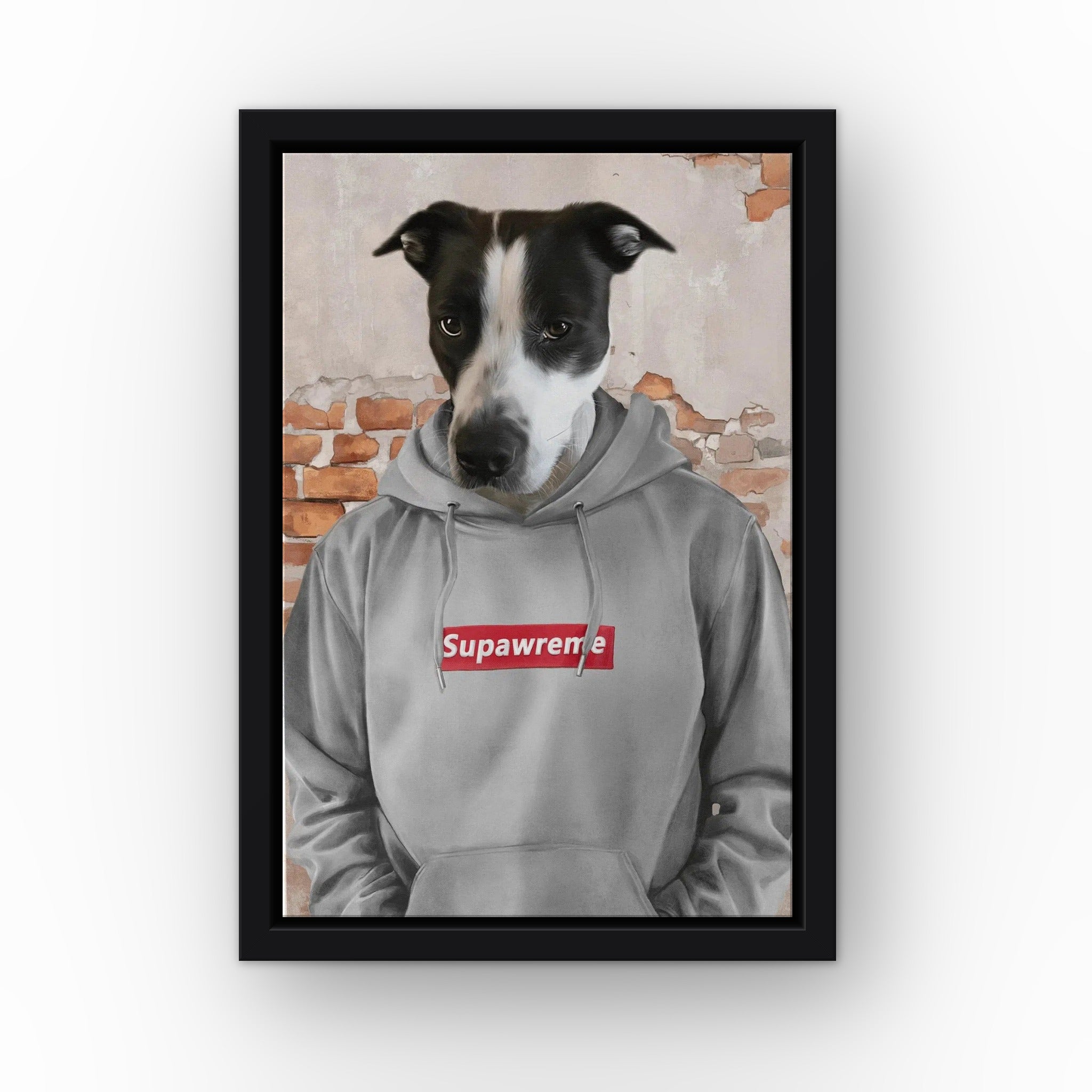 The Hypebeast (grey) custom pet canvas in a black floating frame