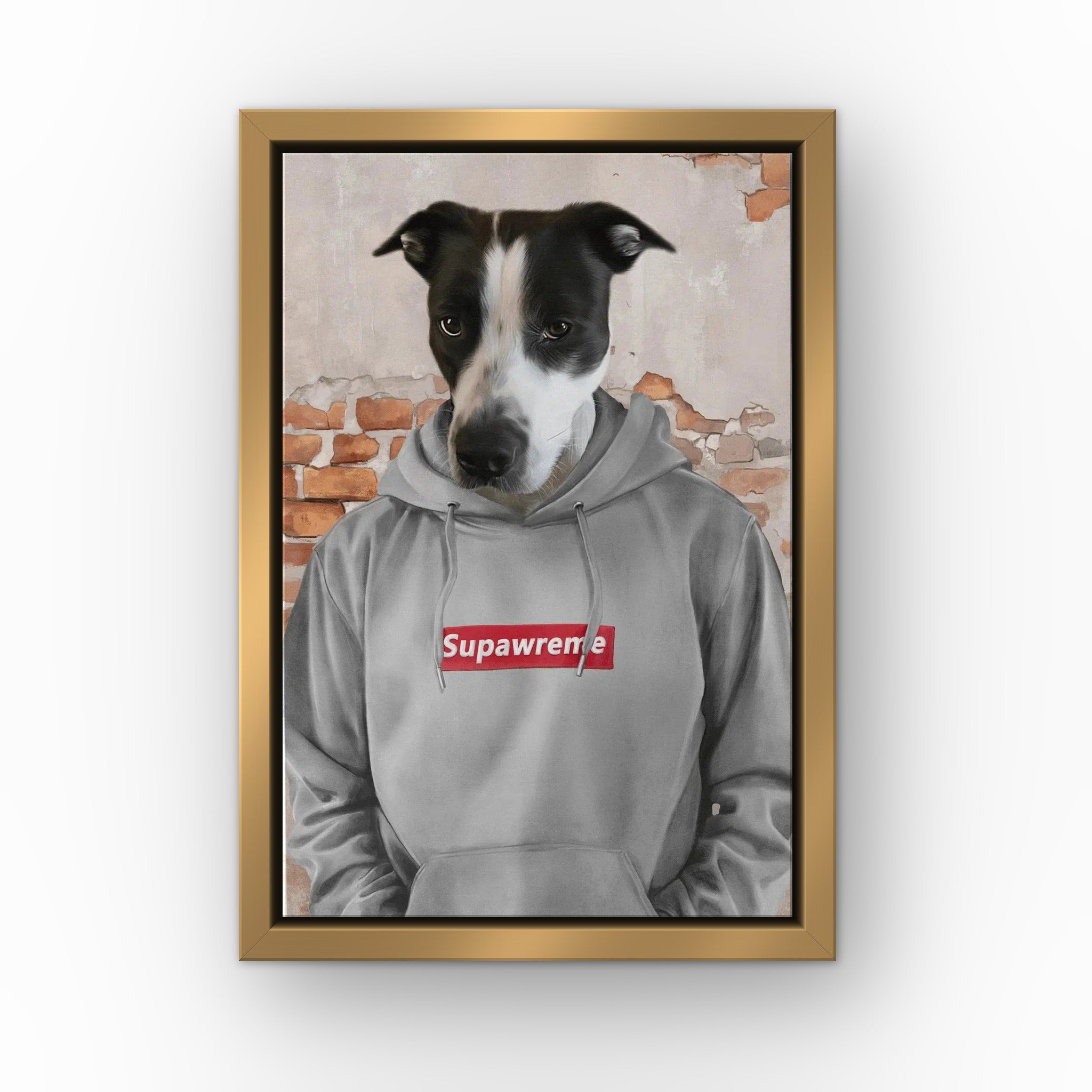 The Hypebeast (grey) custom pet canvas in a gold floating frame