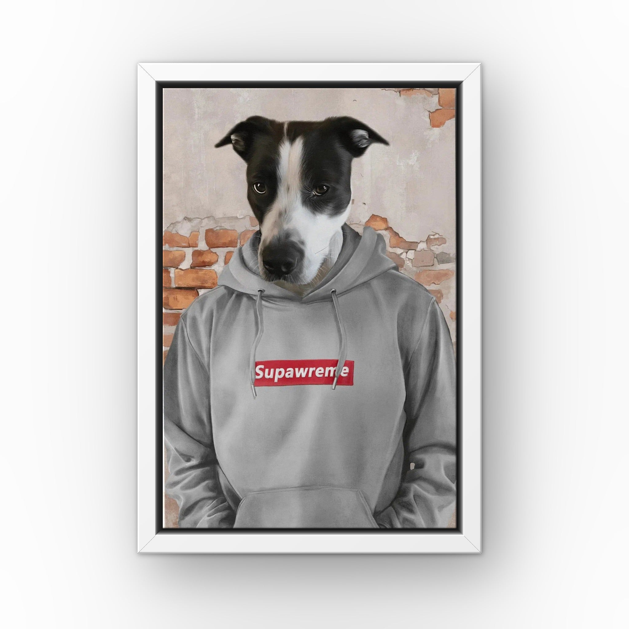 The Hypebeast (grey) custom pet canvas in a white floating frame