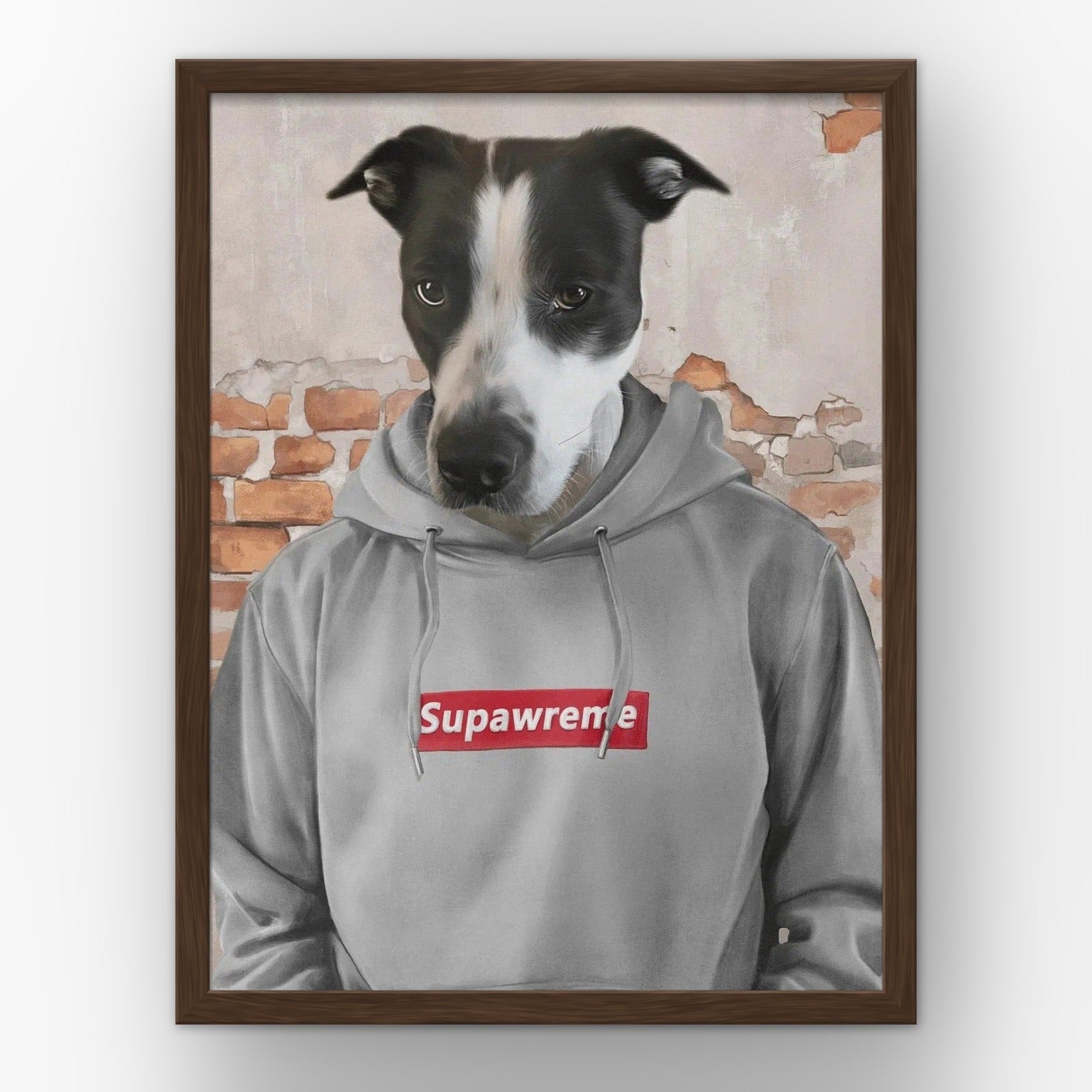 The Hypebeast (grey) custom pet poster in a walnut frame