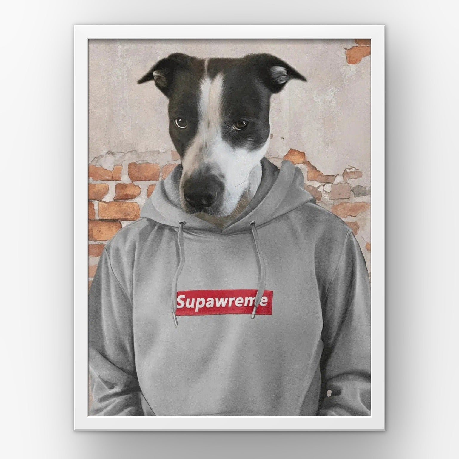 The Hypebeast (grey) custom pet poster in a white frame