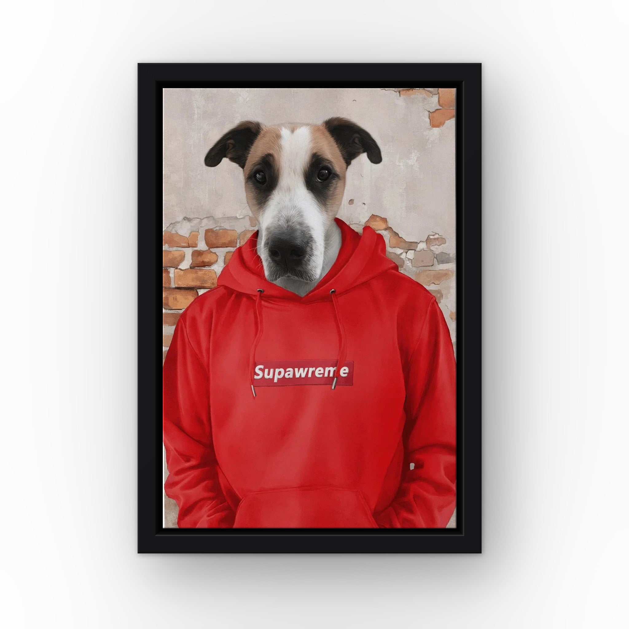 The Hypebeast (red) custom pet canvas in a black floating frame