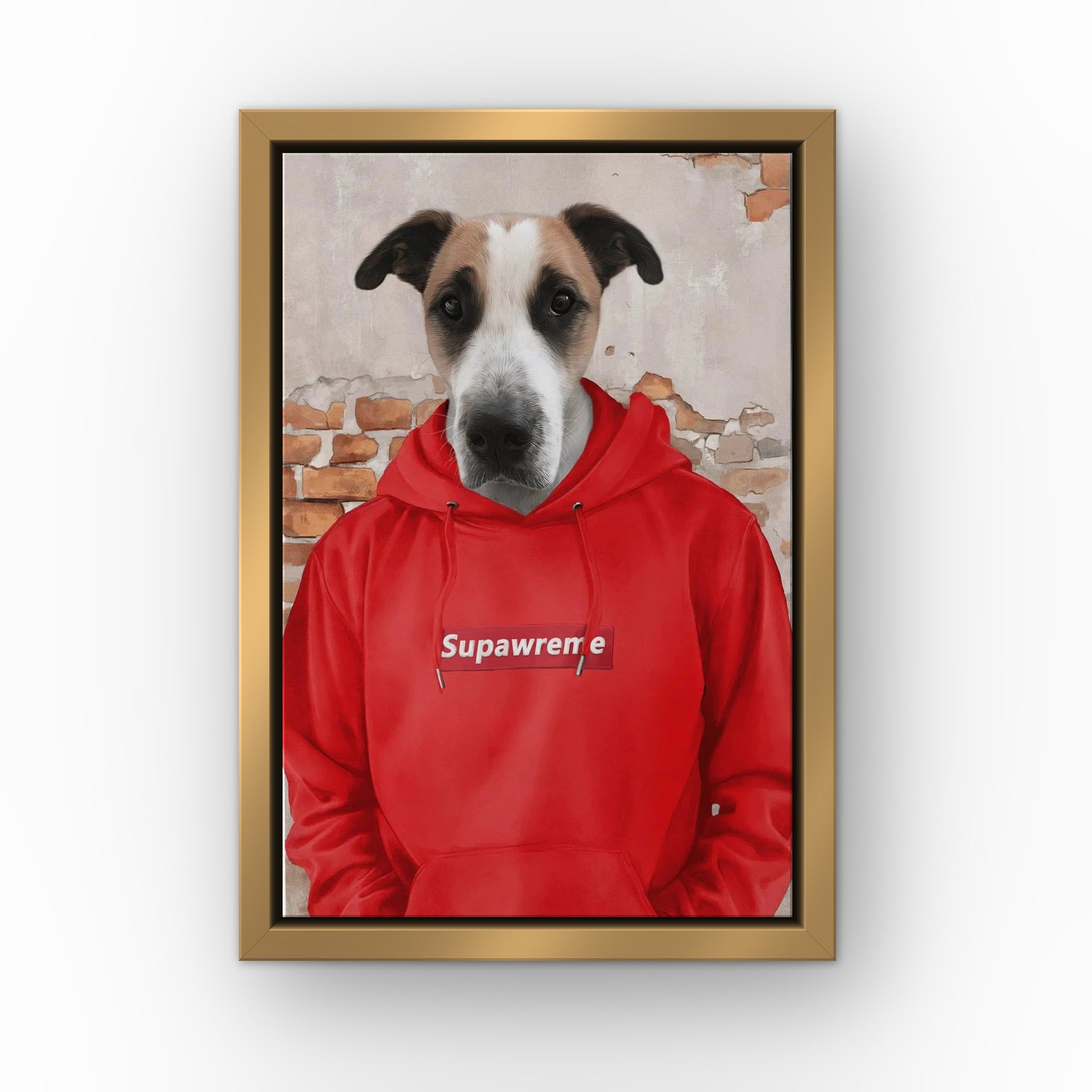 The Hypebeast (red) custom pet canvas in a gold floating frame