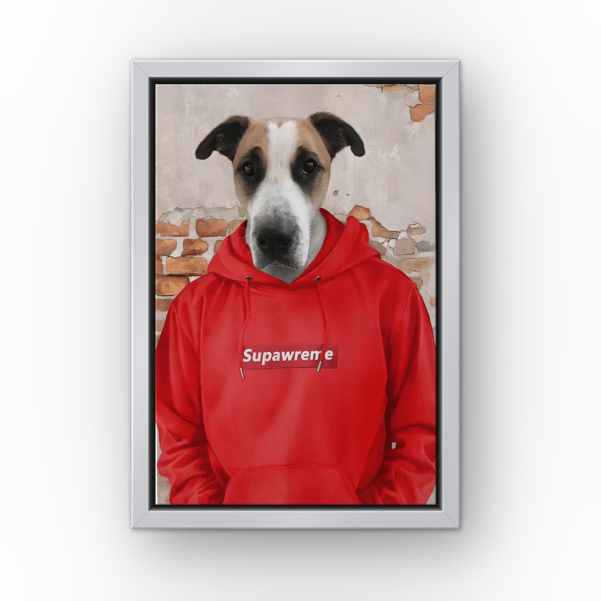 The Hypebeast (red) custom pet canvas in a silver floating frame