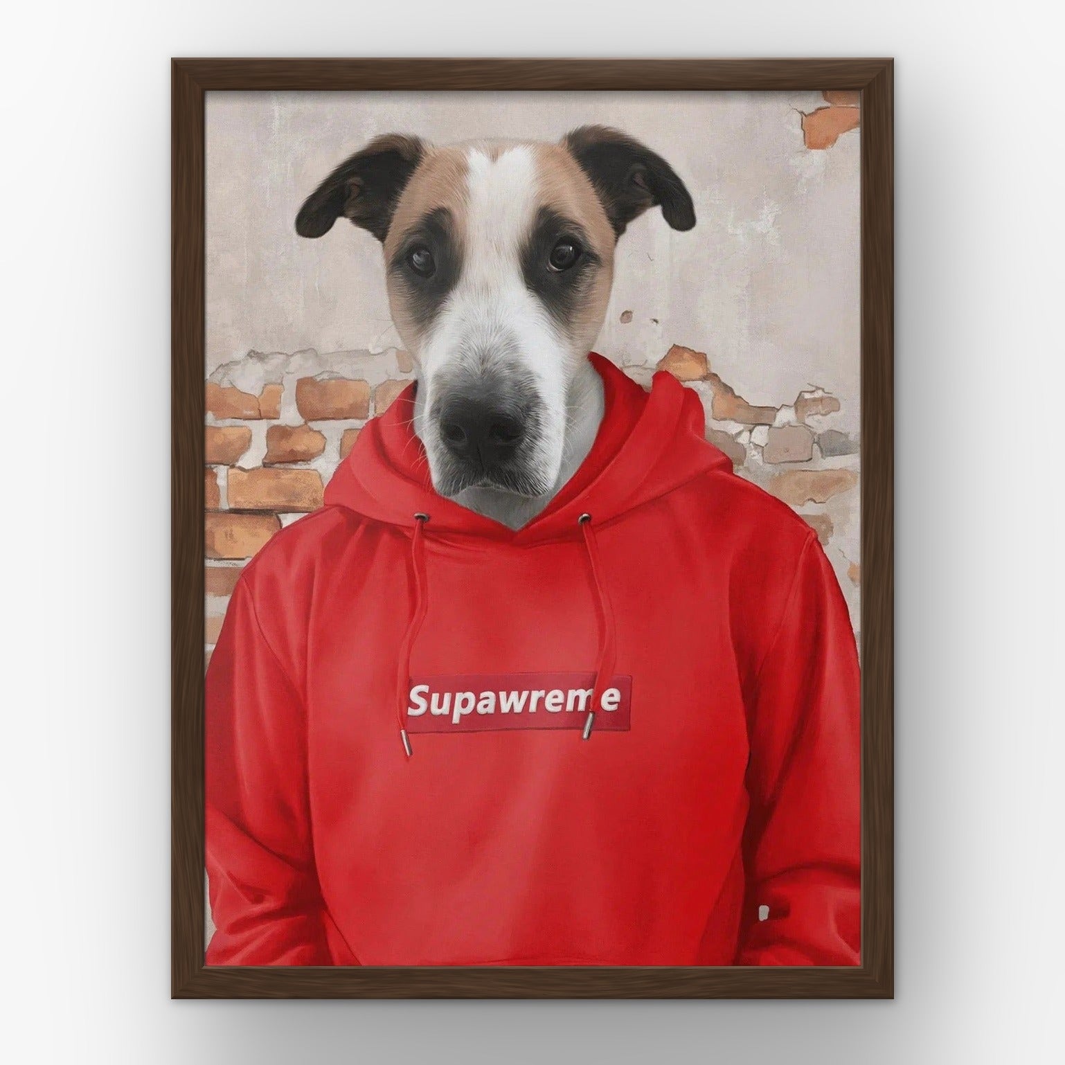 The Hypebeast (red) custom pet poster in a walnut frame